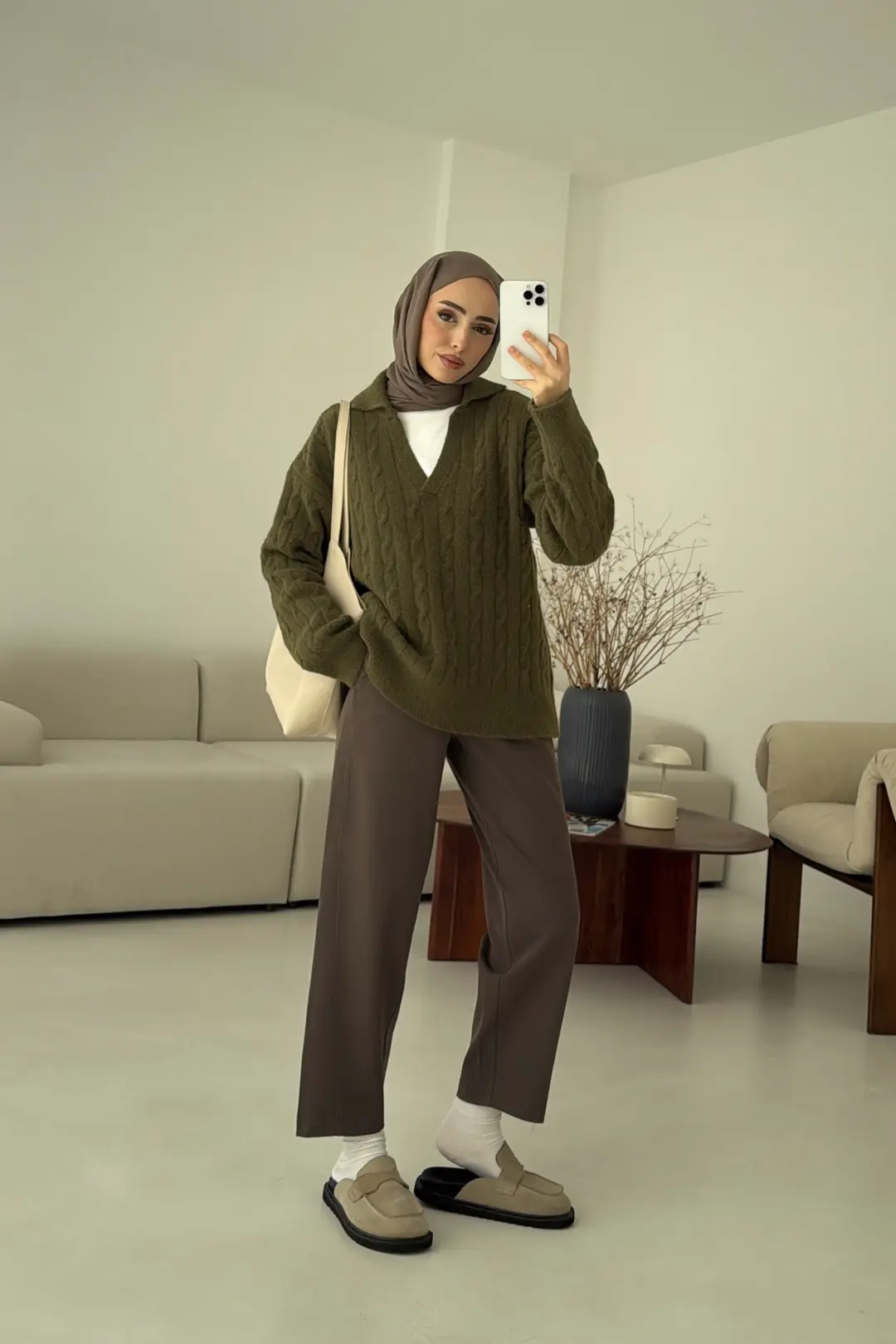 Saç Örgü Polo Yaka Kazak Olive