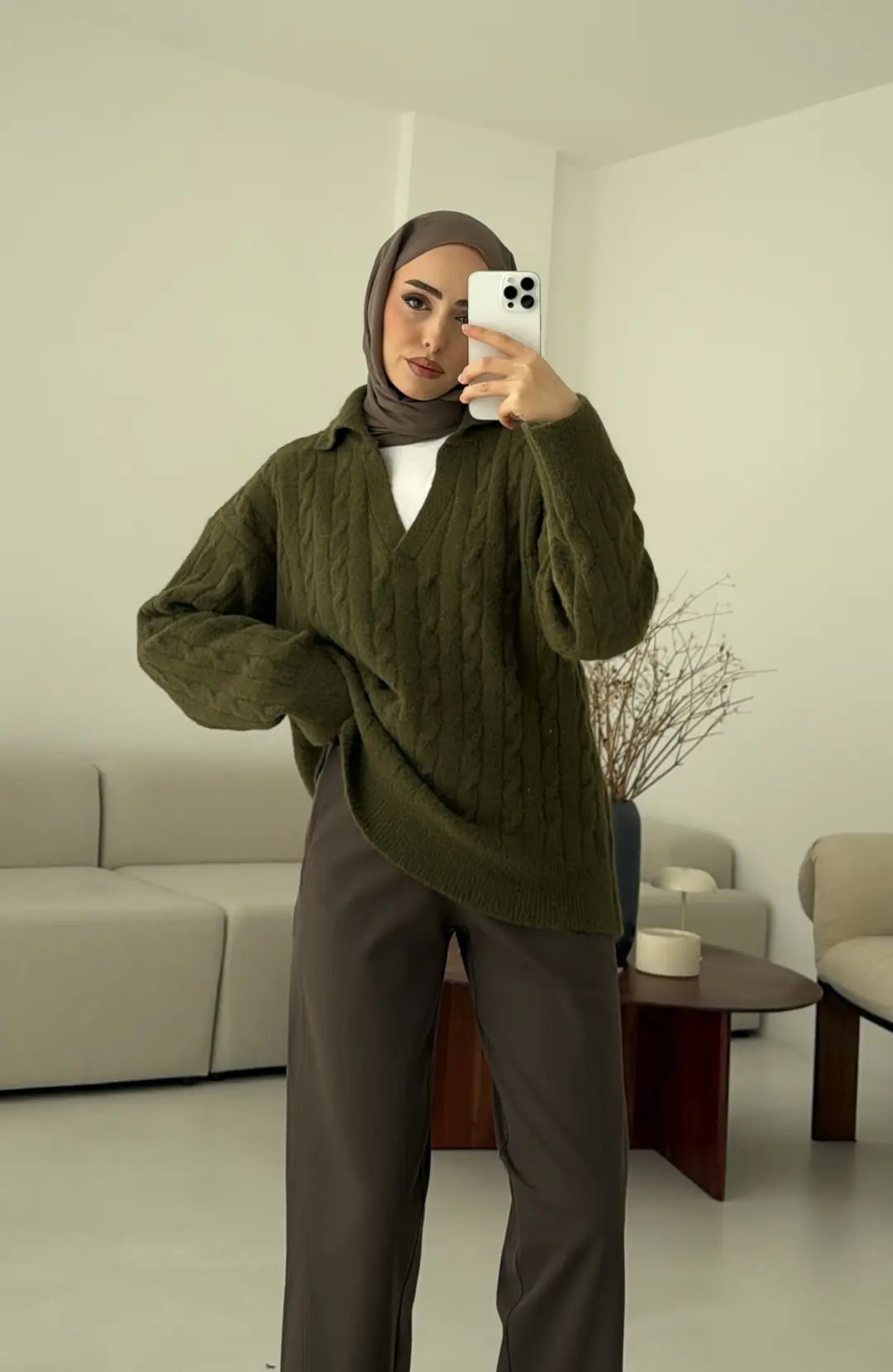Saç Örgü Polo Yaka Kazak Olive