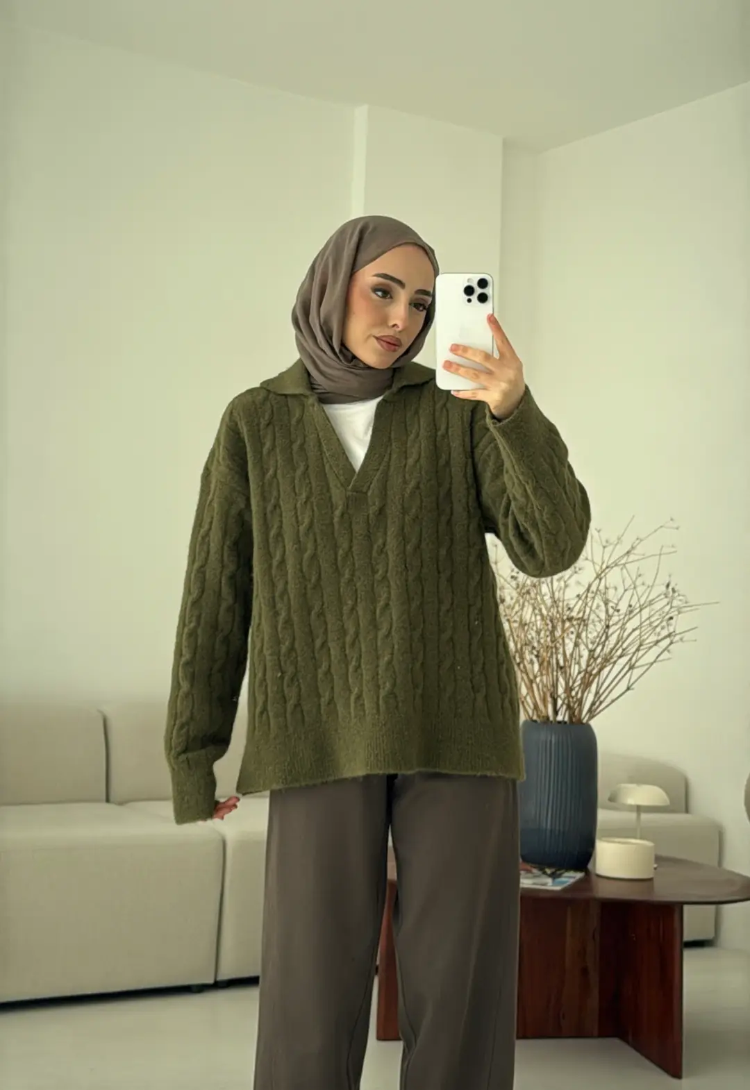 Saç Örgü Polo Yaka Kazak Olive