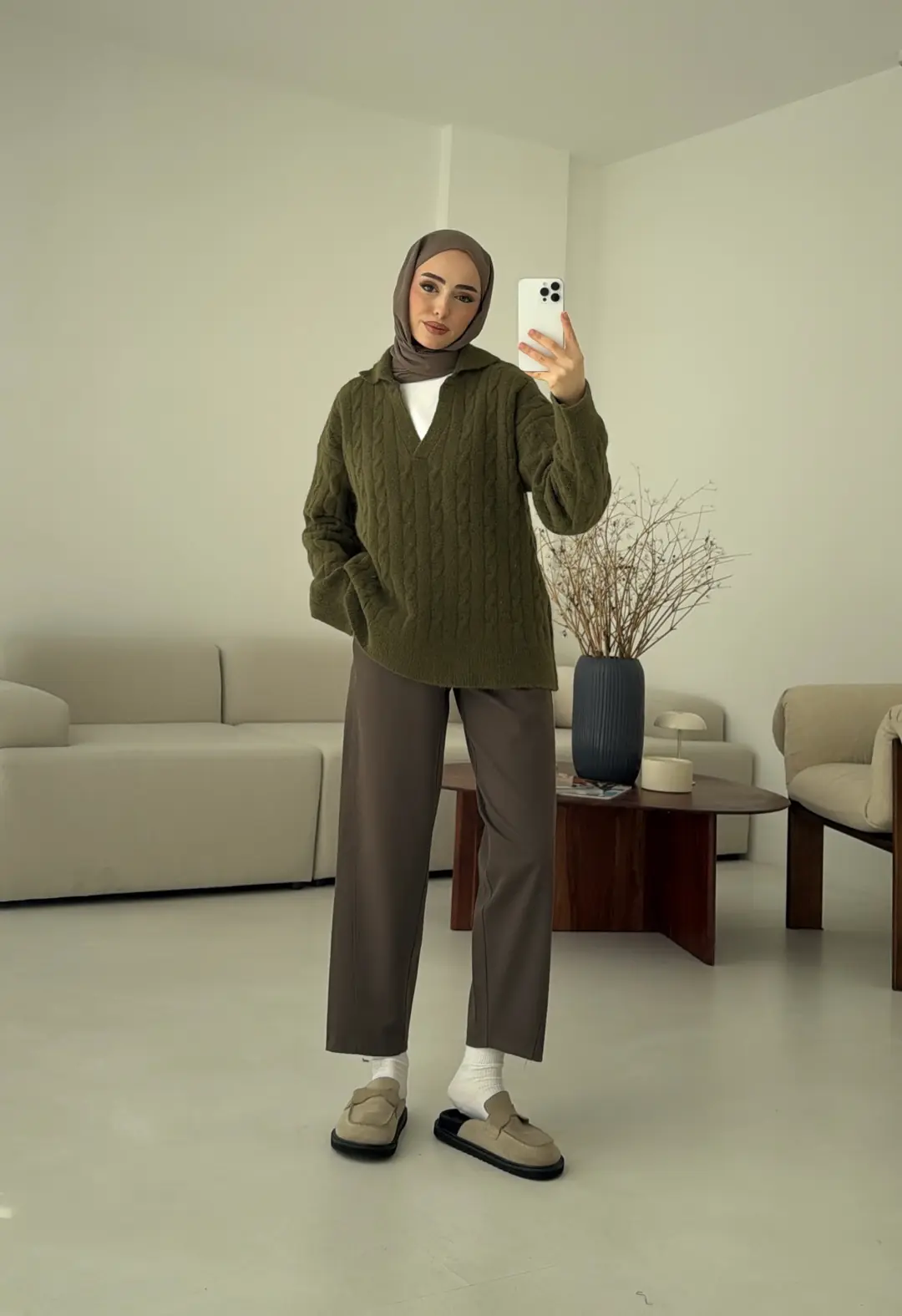 Saç Örgü Polo Yaka Kazak Olive