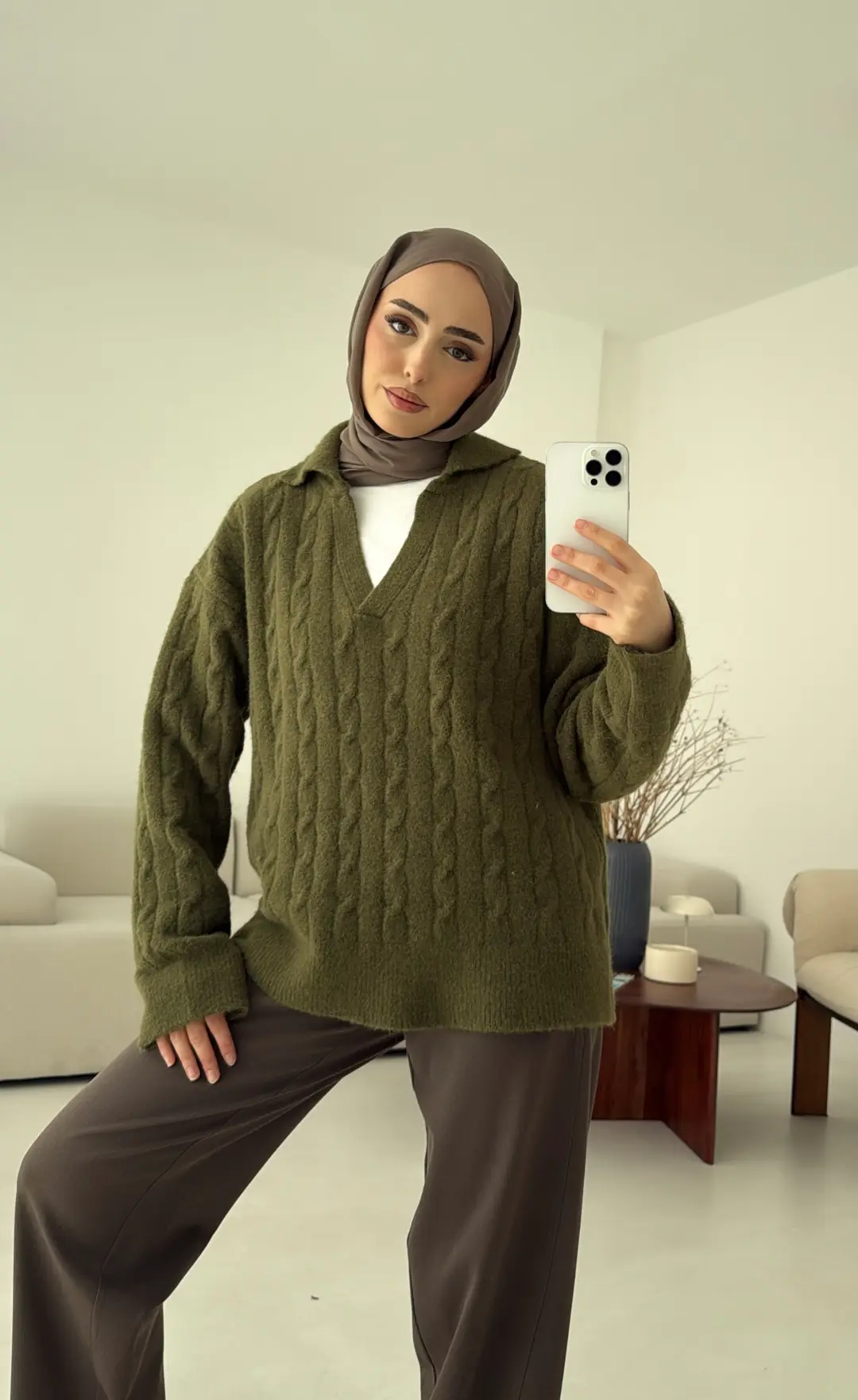 Saç Örgü Polo Yaka Kazak Olive