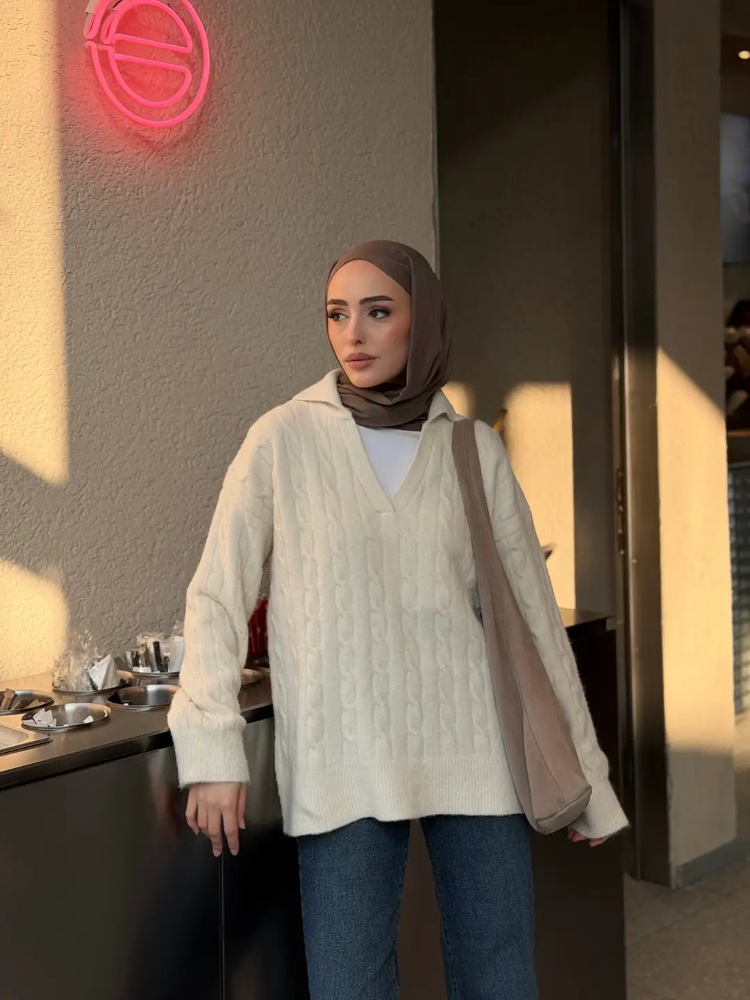 Saç Örgü Polo Yaka Kazak Krem