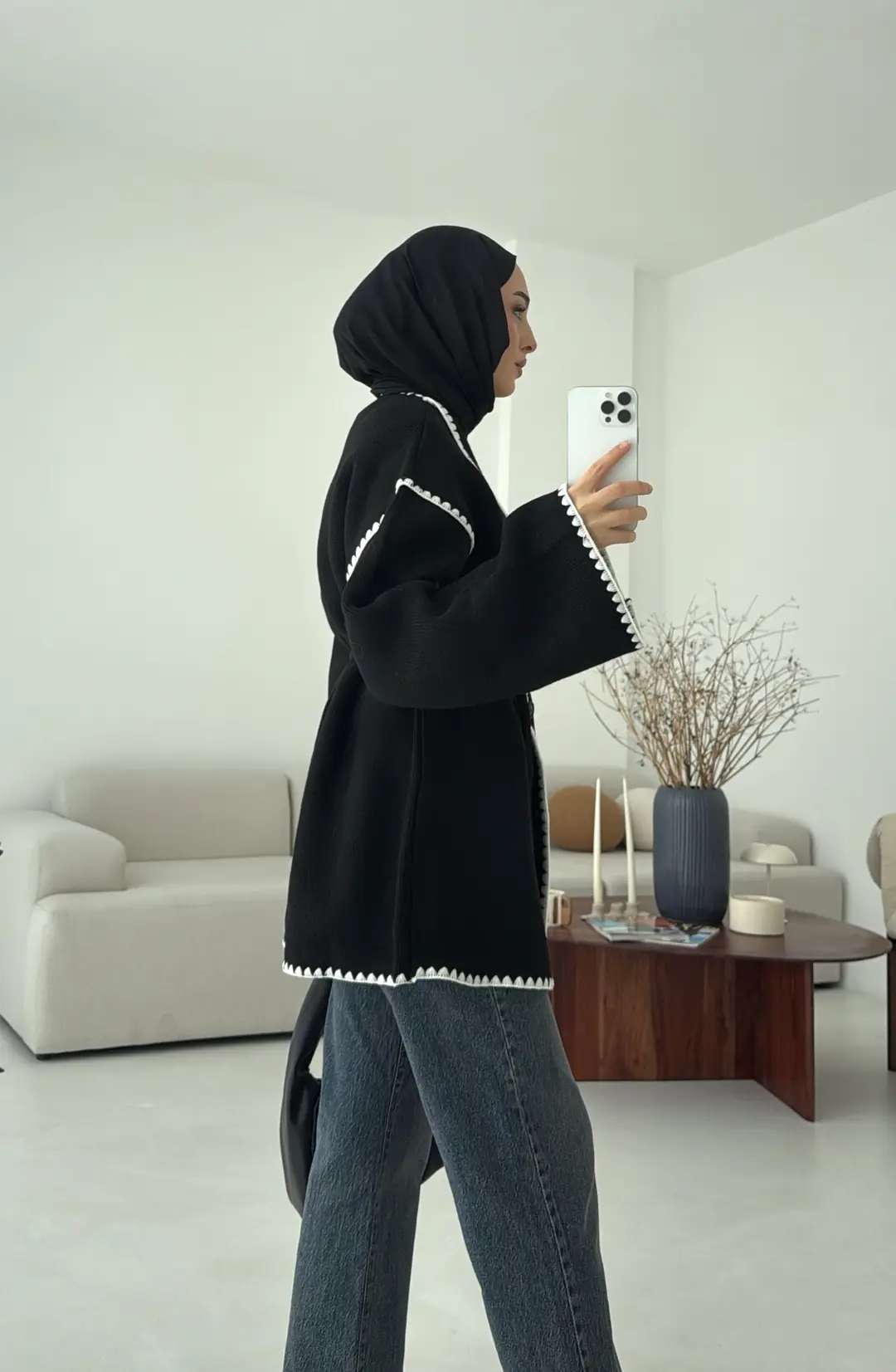 Biye İşleme Detaylı Sık Örme Hırka Siyah