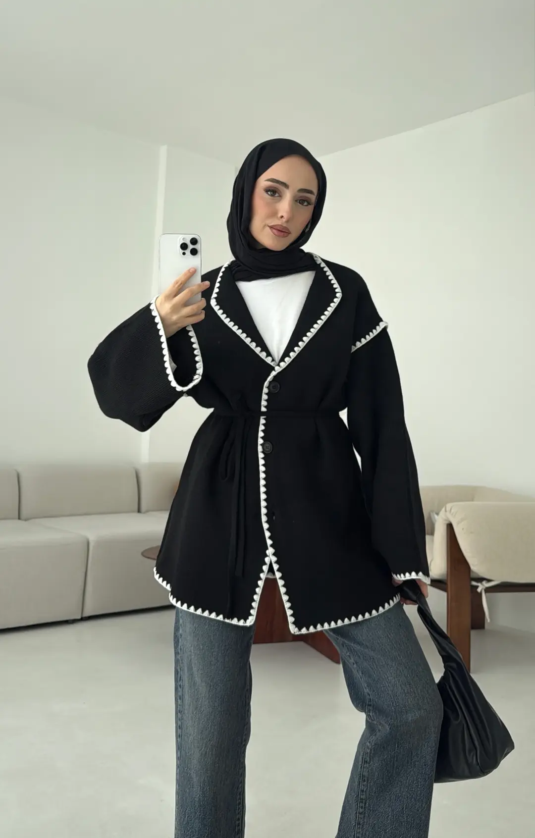 Biye İşleme Detaylı Sık Örme Hırka Siyah