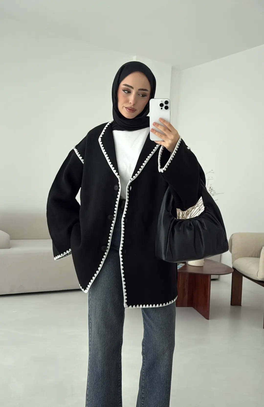 Biye İşleme Detaylı Sık Örme Hırka Siyah