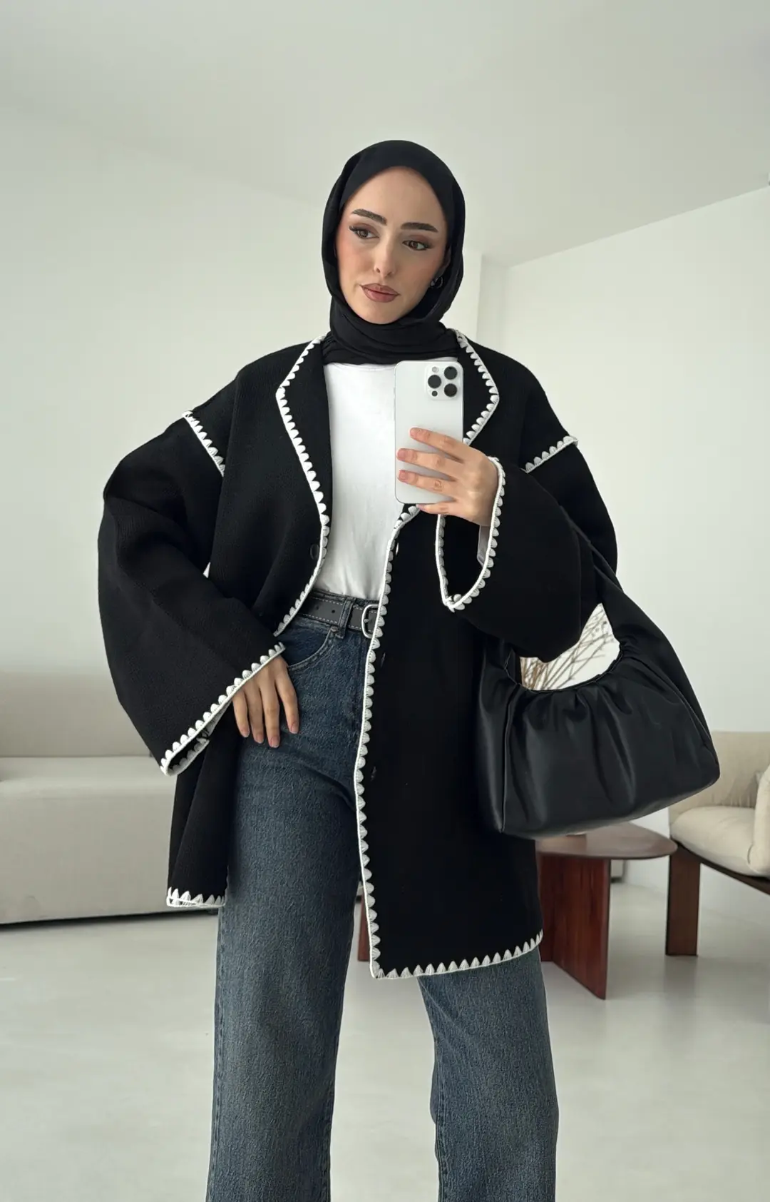 Biye İşleme Detaylı Sık Örme Hırka Siyah