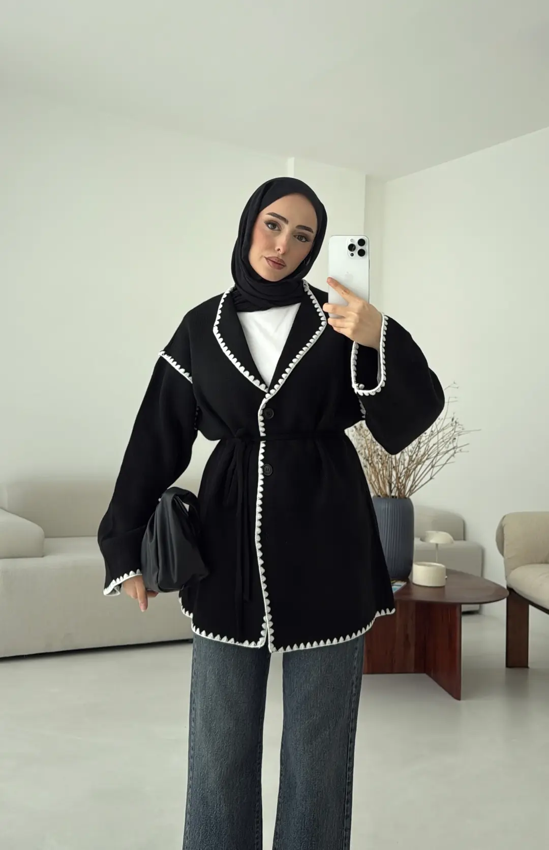 Biye İşleme Detaylı Sık Örme Hırka Siyah