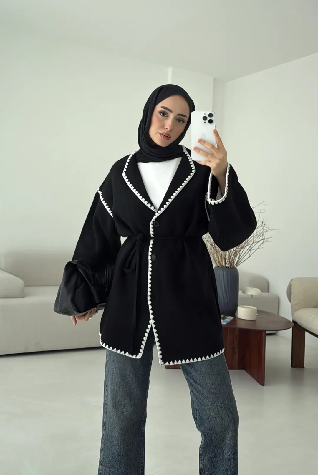 Biye İşleme Detaylı Sık Örme Hırka Siyah