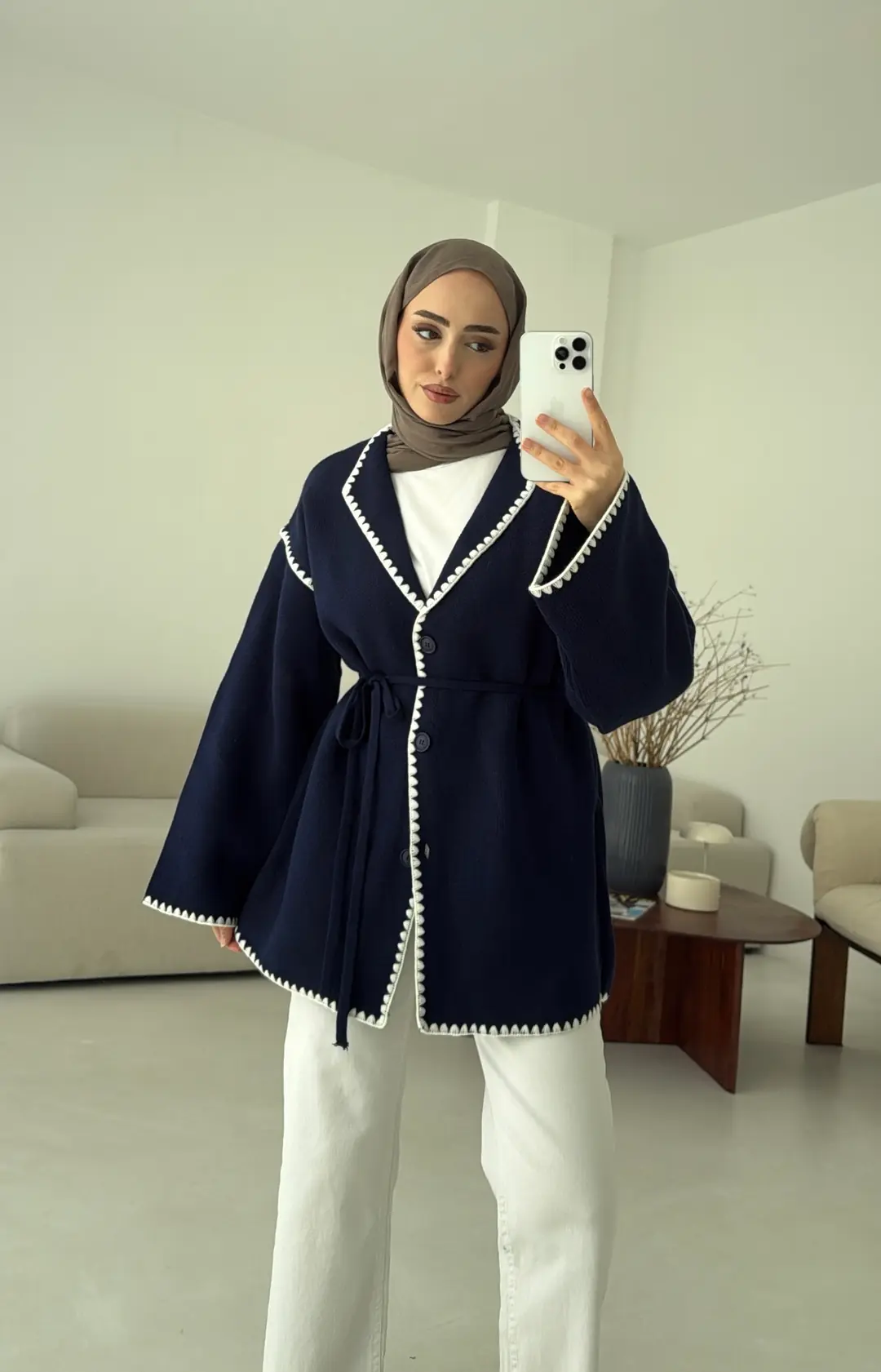 Biye İşleme Detaylı Sık Örme Hırka Lacivert