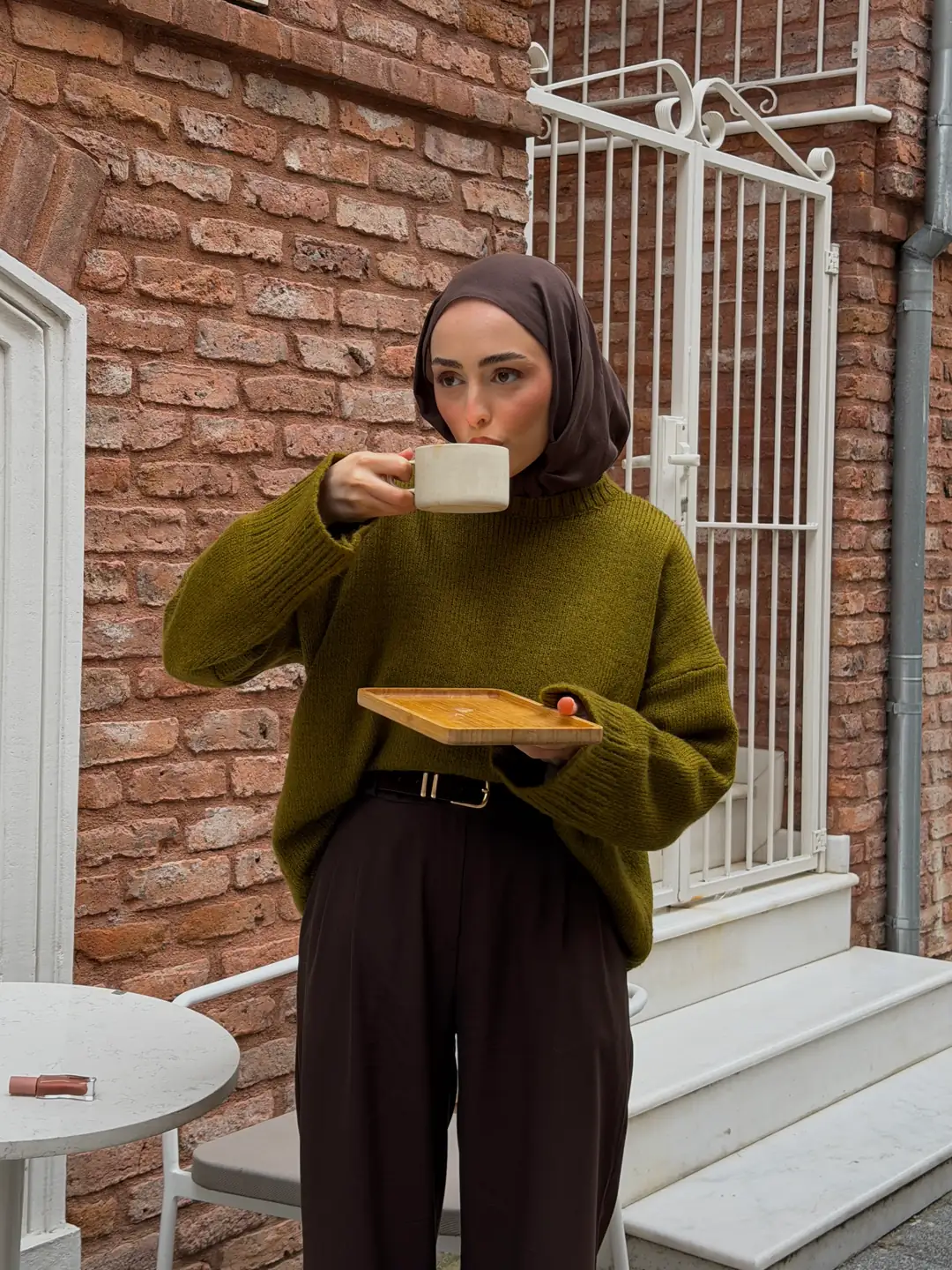 Çİft Kat Triko Kazak Zeytin Yeşili