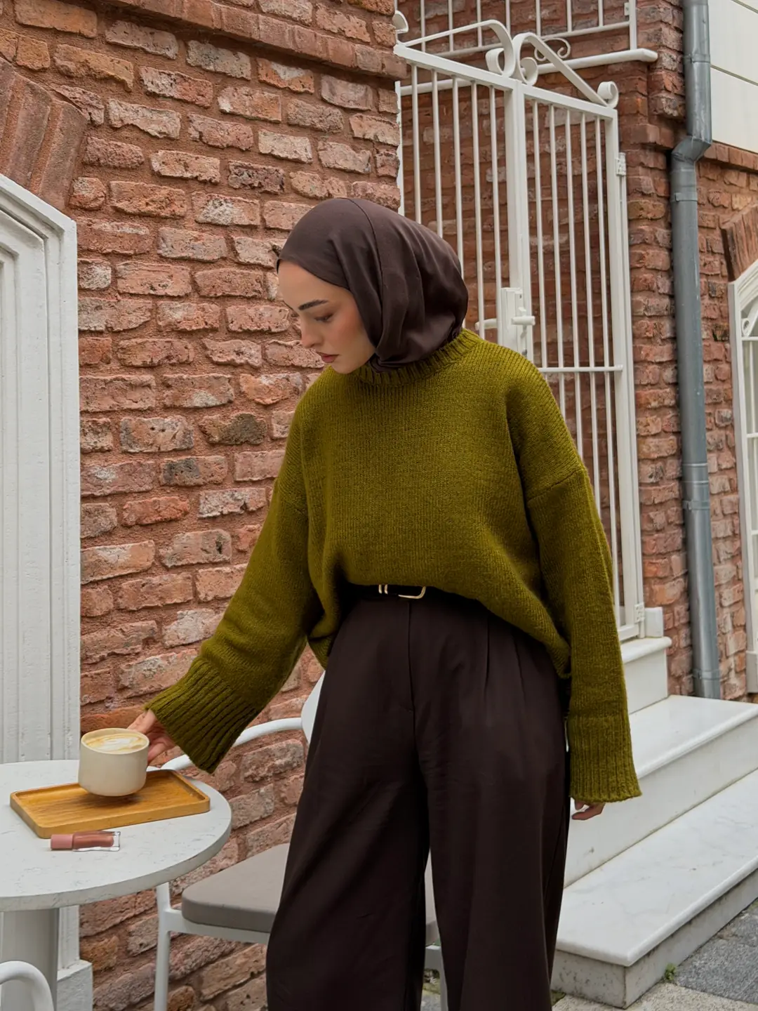 Çİft Kat Triko Kazak Zeytin Yeşili