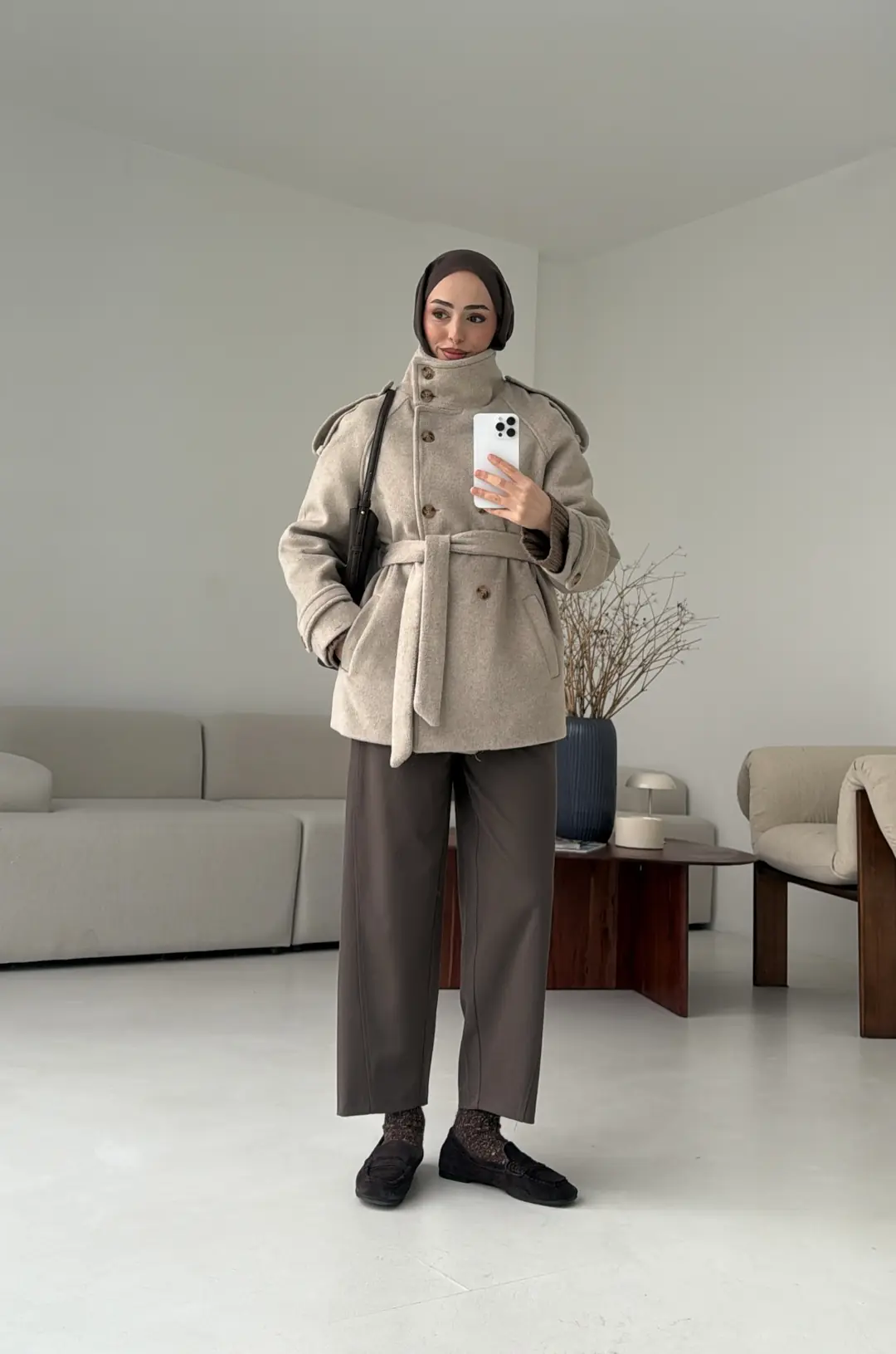 Kuşaklı Oversize Kaşe Kaban Vizon
