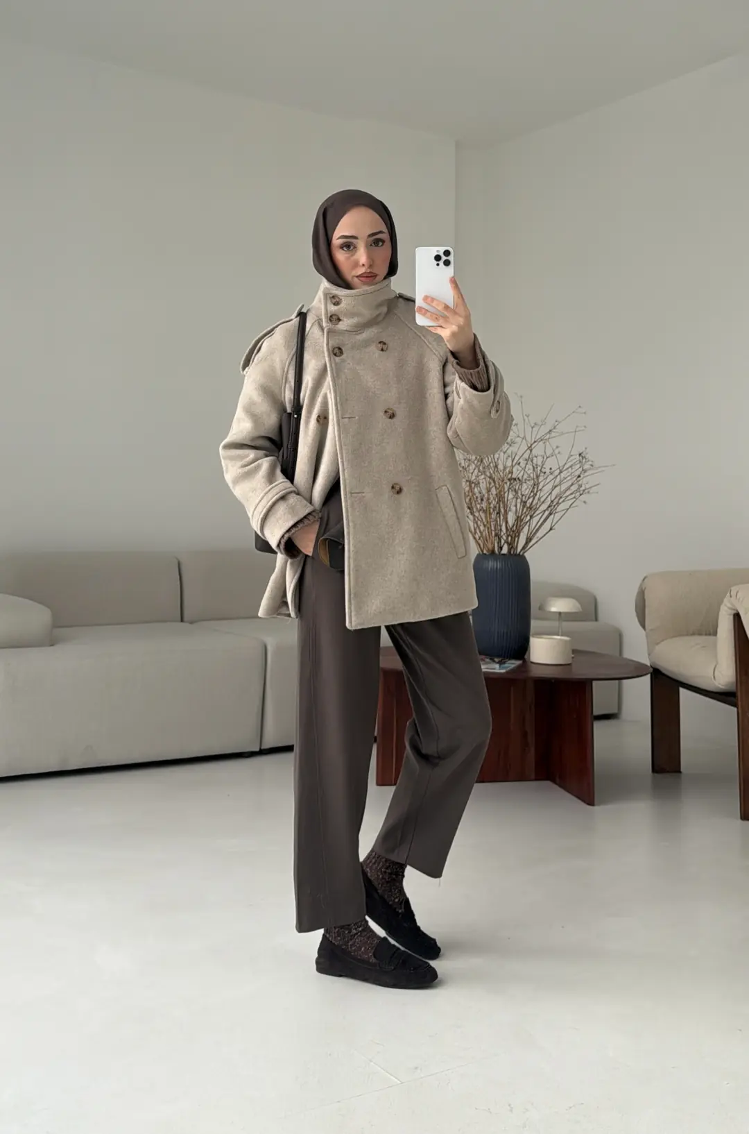 Kuşaklı Oversize Kaşe Kaban Vizon