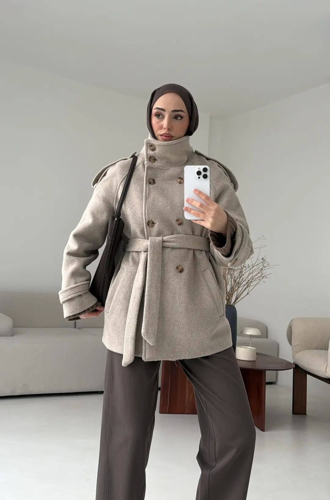 Kuşaklı Oversize Kaşe Kaban Vizon