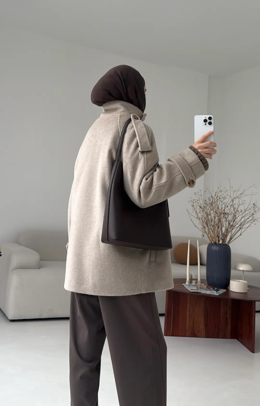 Kuşaklı Oversize Kaşe Kaban Vizon