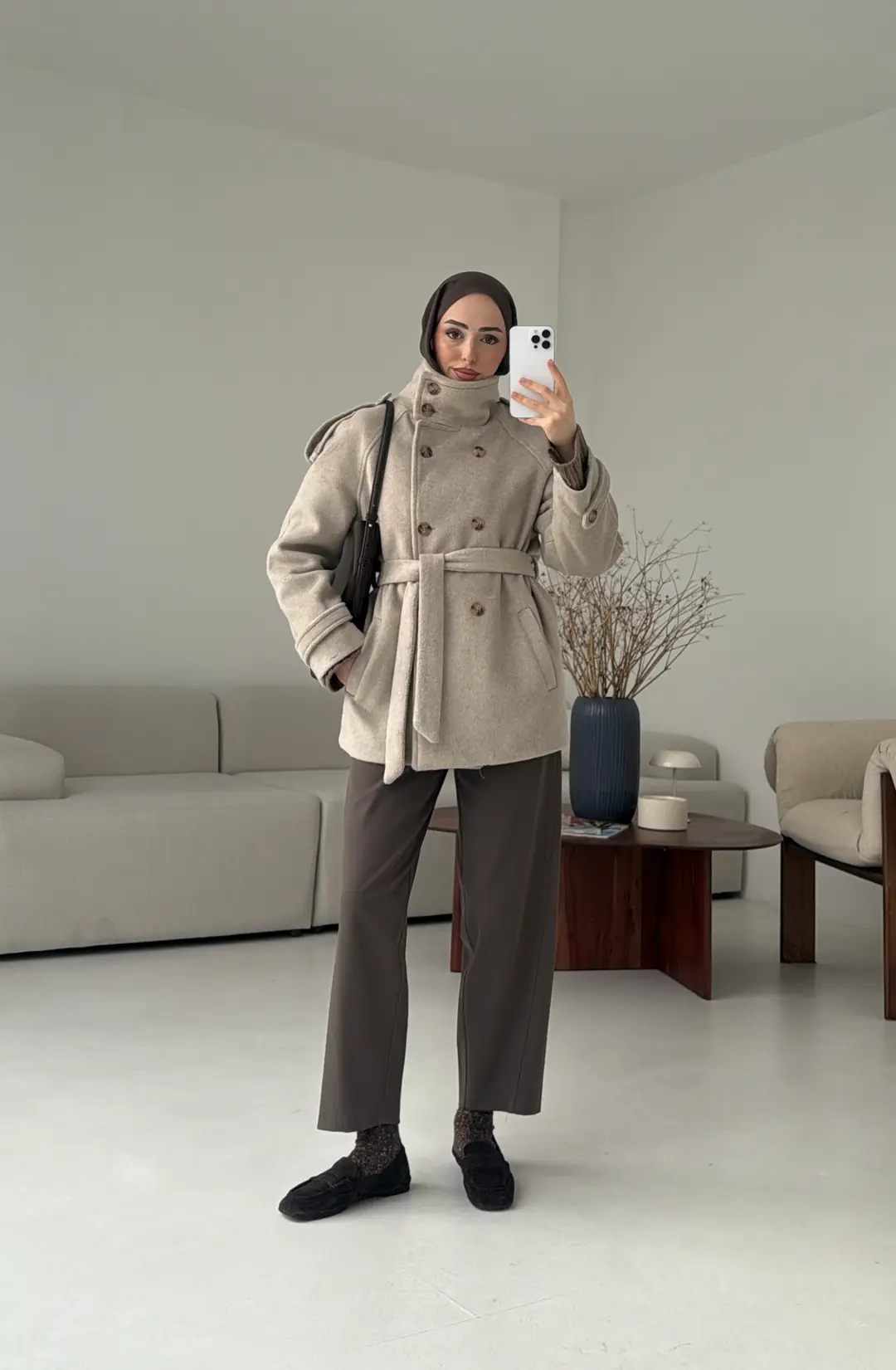 Kuşaklı Oversize Kaşe Kaban Vizon