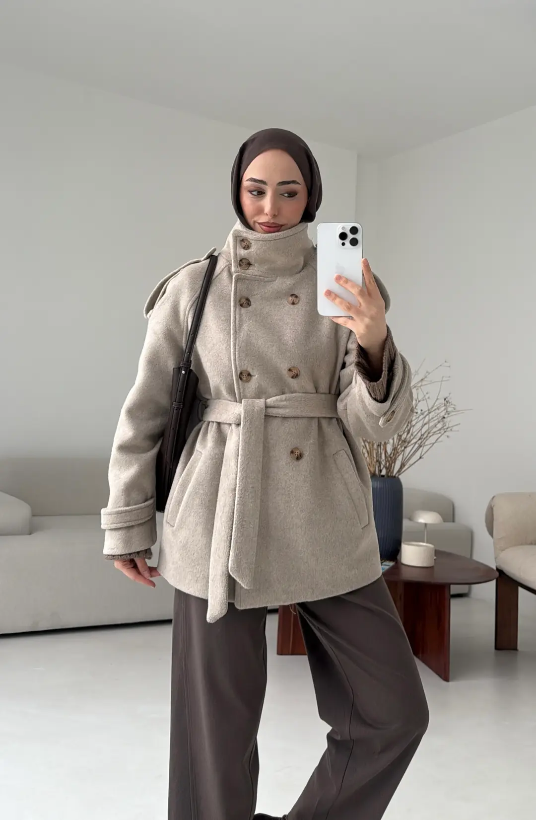 Kuşaklı Oversize Kaşe Kaban Vizon