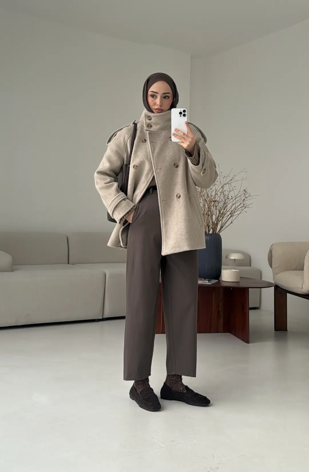 Kuşaklı Oversize Kaşe Kaban Vizon