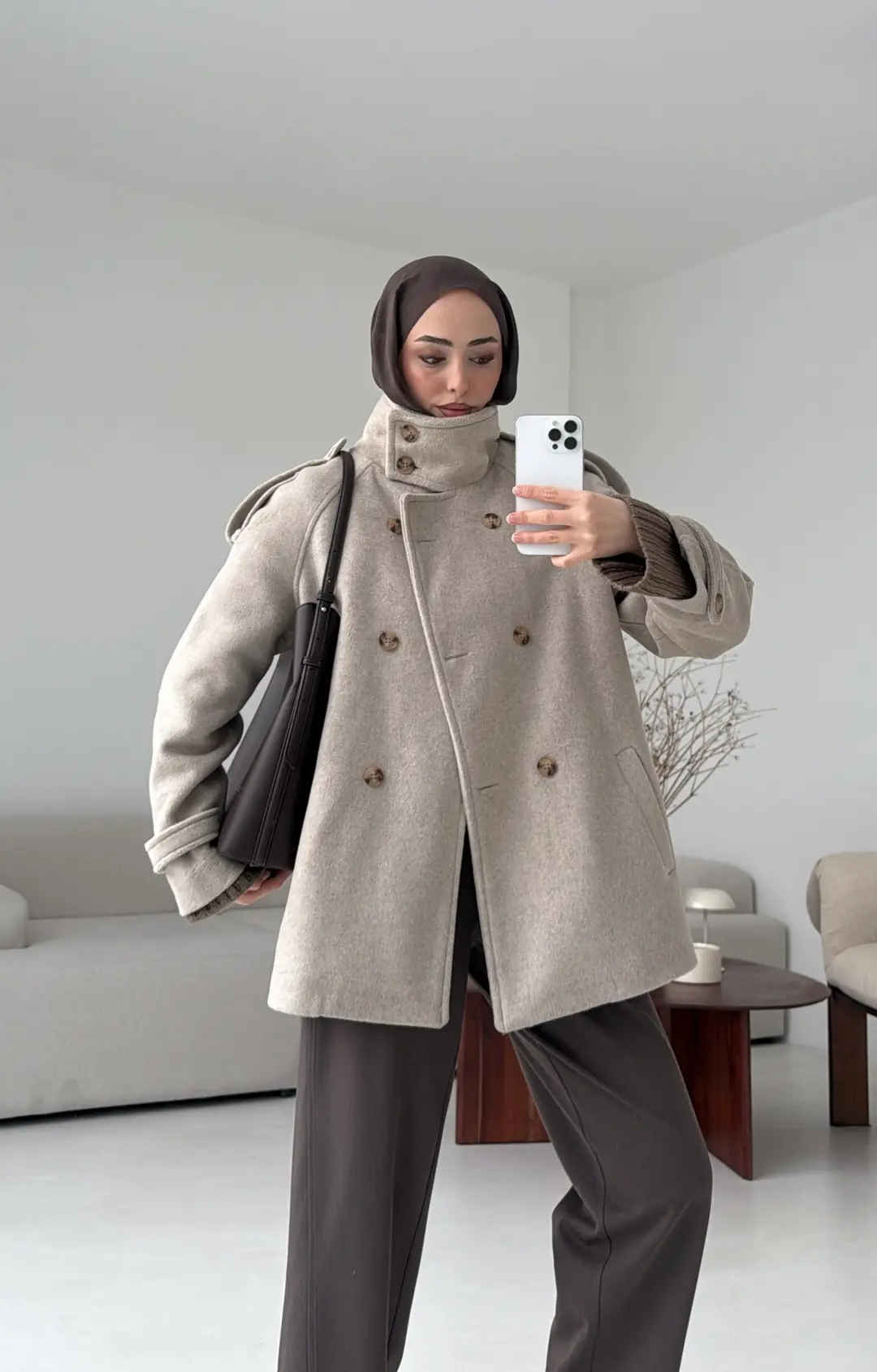 Kuşaklı Oversize Kaşe Kaban Vizon