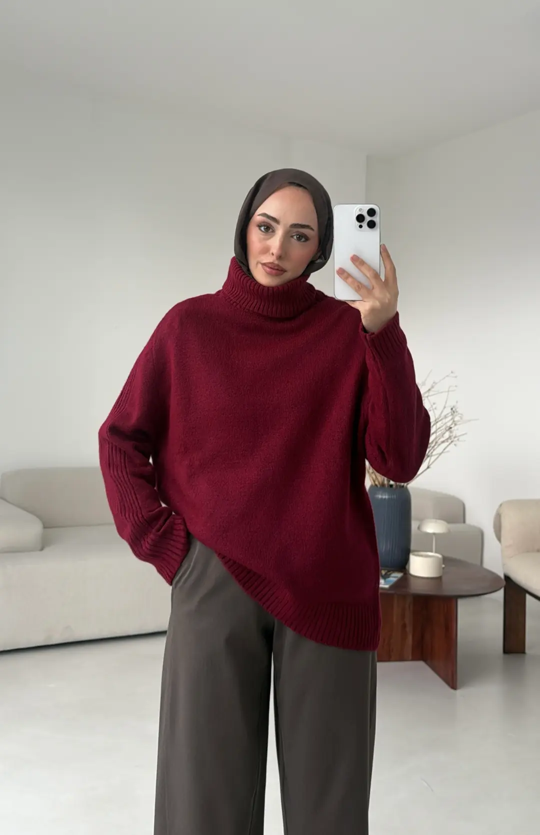 Kol Ortası Fitilli Kazak Bordo