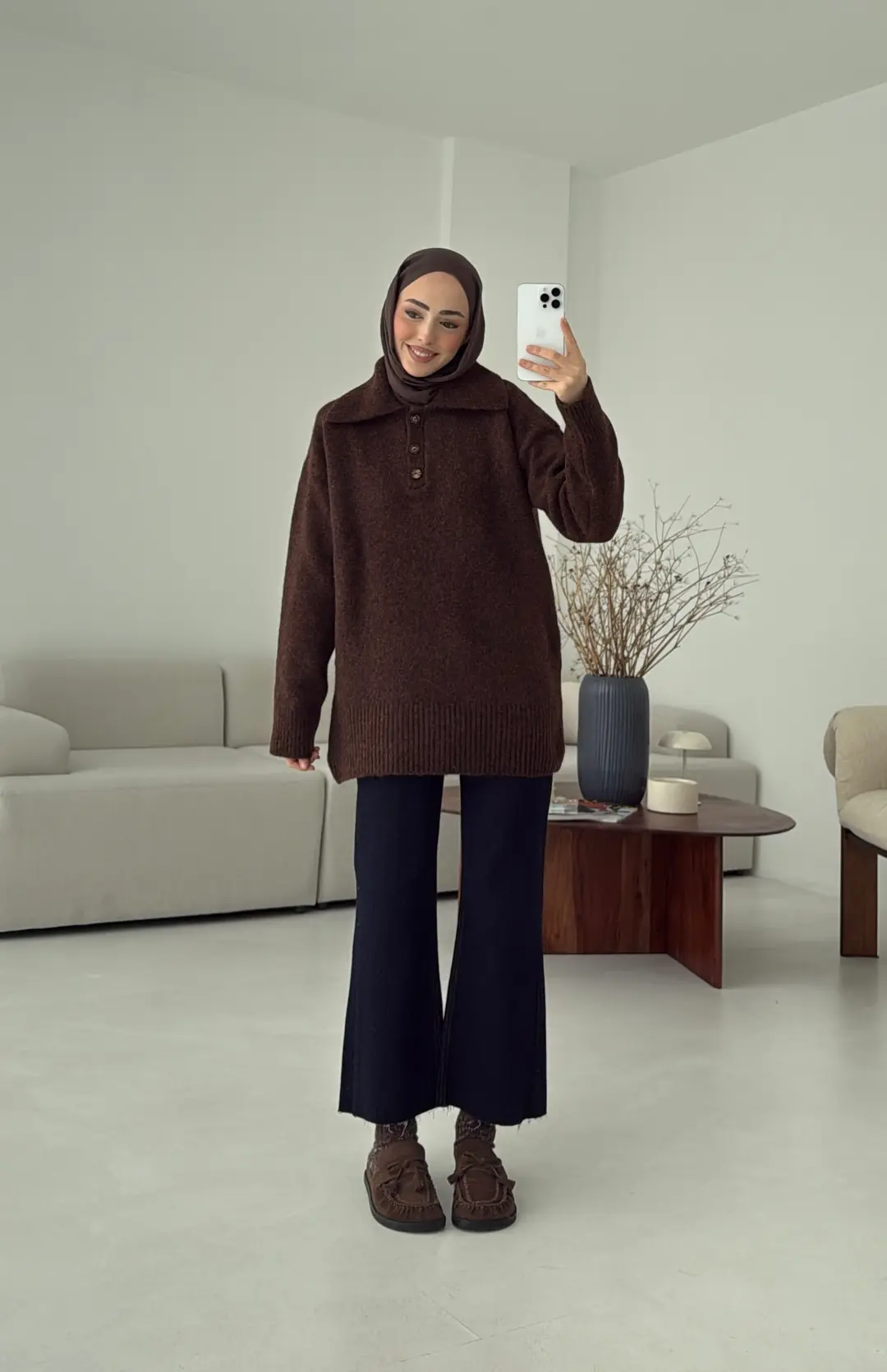 Premium Kalın Yakalı Kazak Kahve
