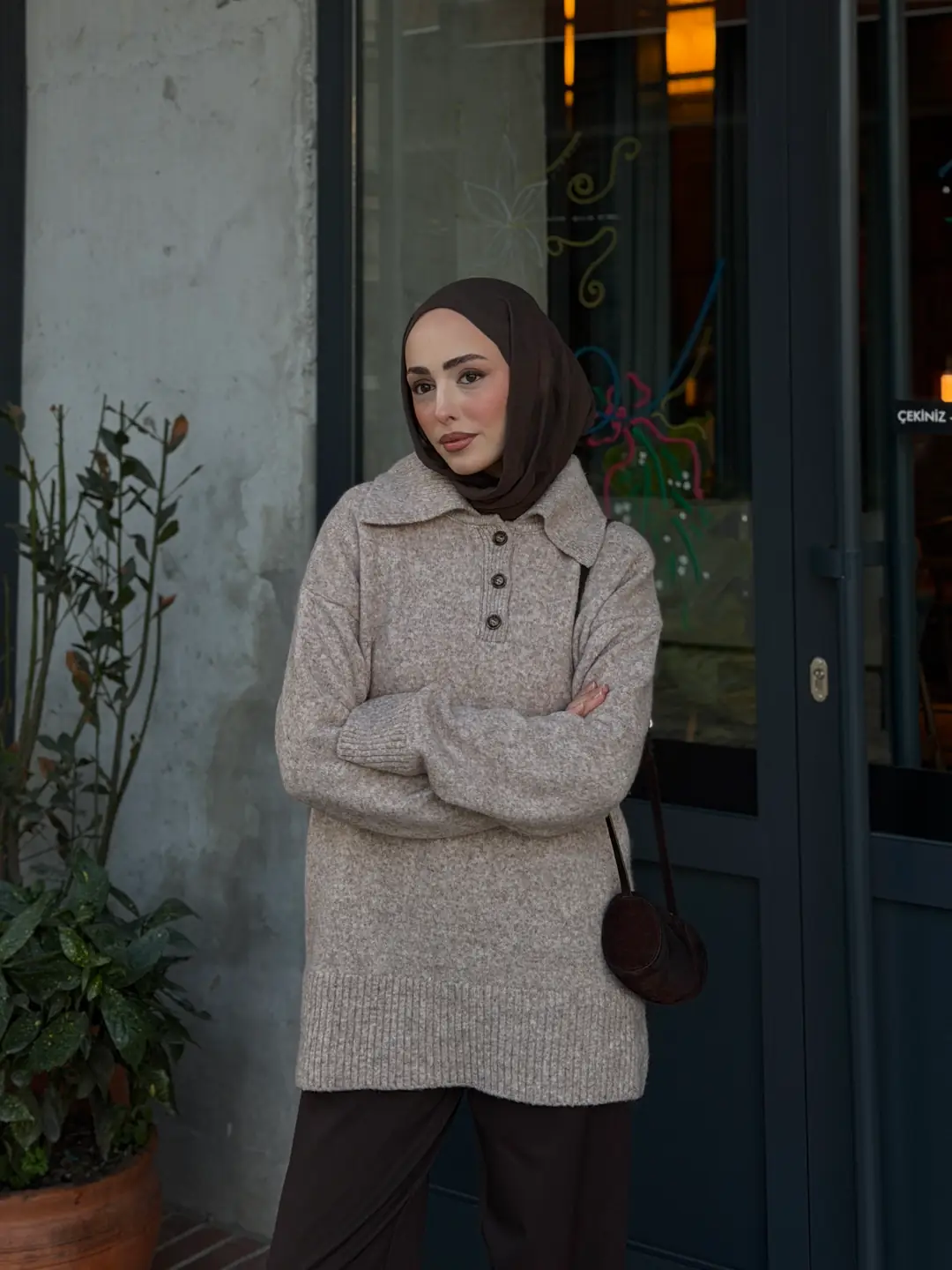 Premium Kalın Yakalı Kazak Vizon