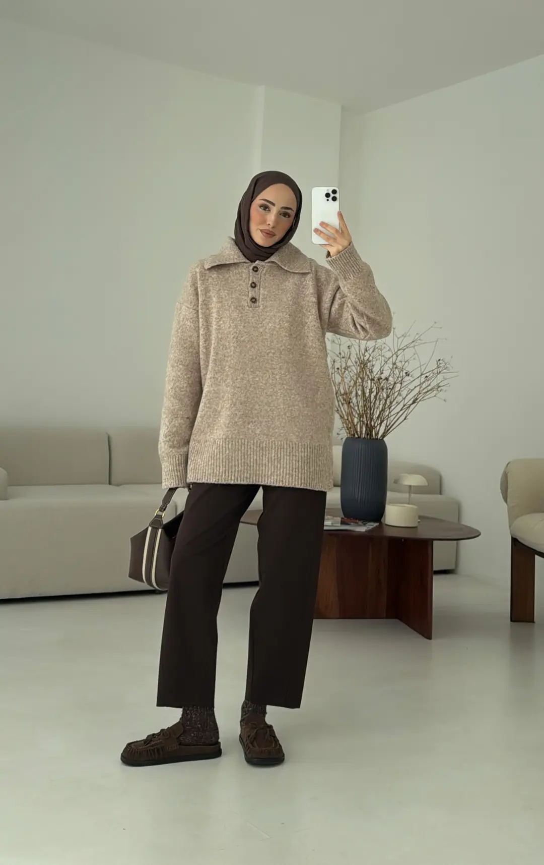 Premium Kalın Yakalı Kazak Vizon