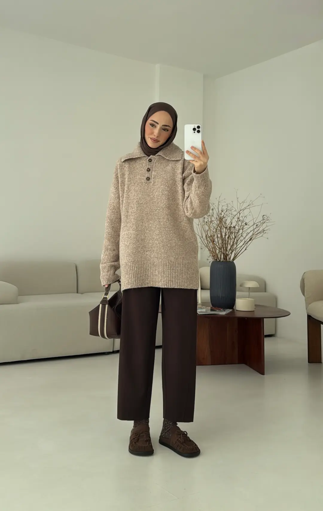 Premium Kalın Yakalı Kazak Vizon