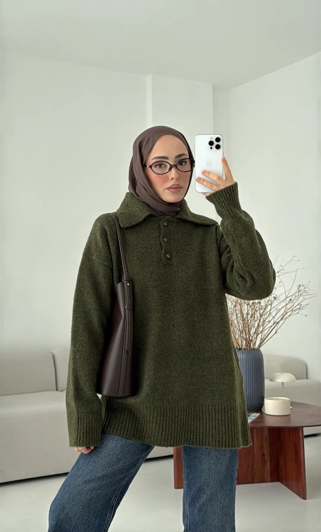 Premium Kalın Yakalı Kazak Haki