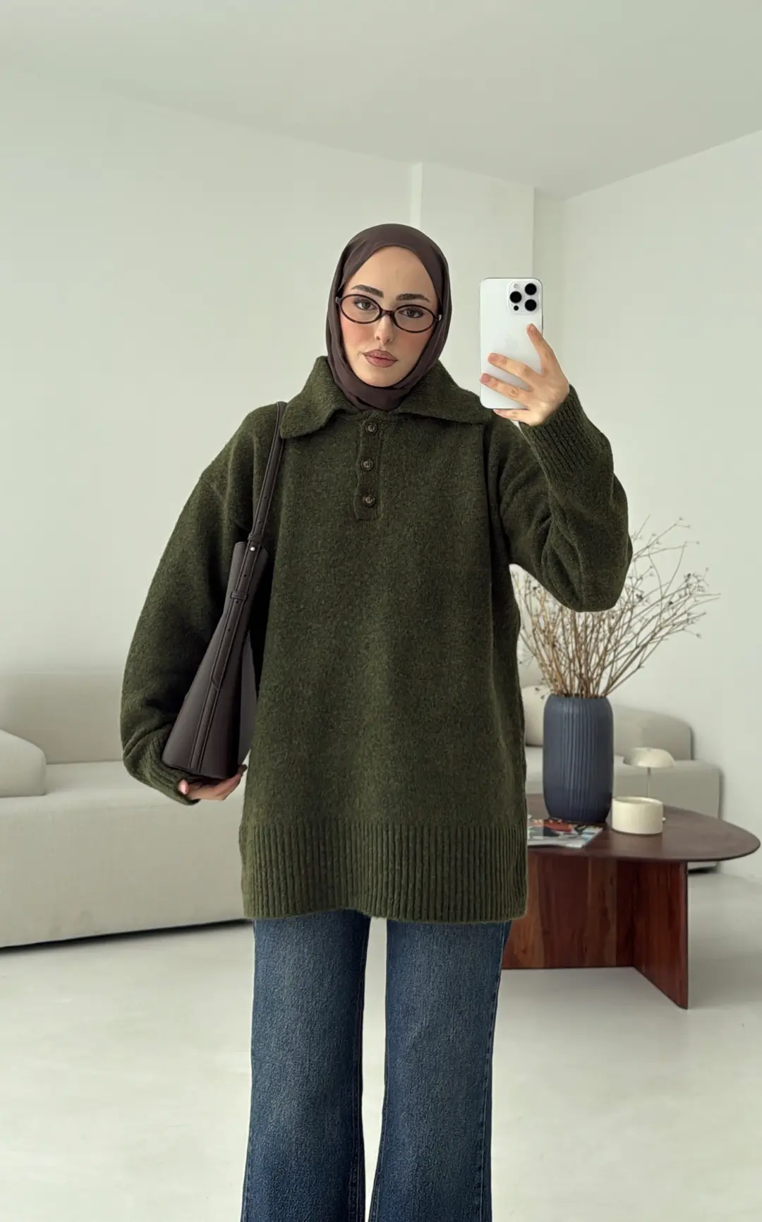 Premium Kalın Yakalı Kazak Haki