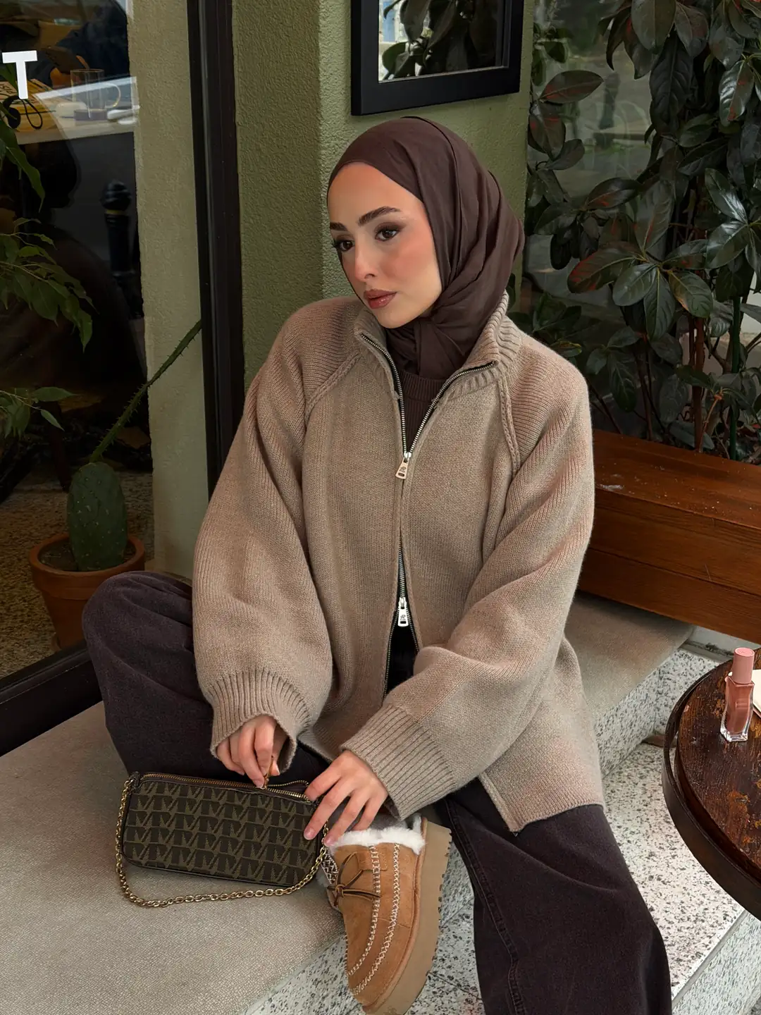 Çift Fermuarlı Hırka Vizon