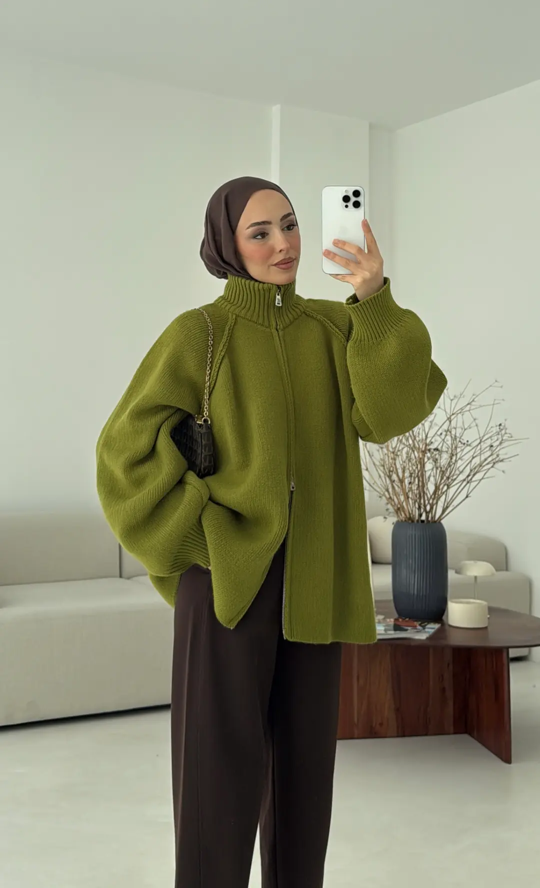 Çift Fermuarlı Hırka Yeşil
