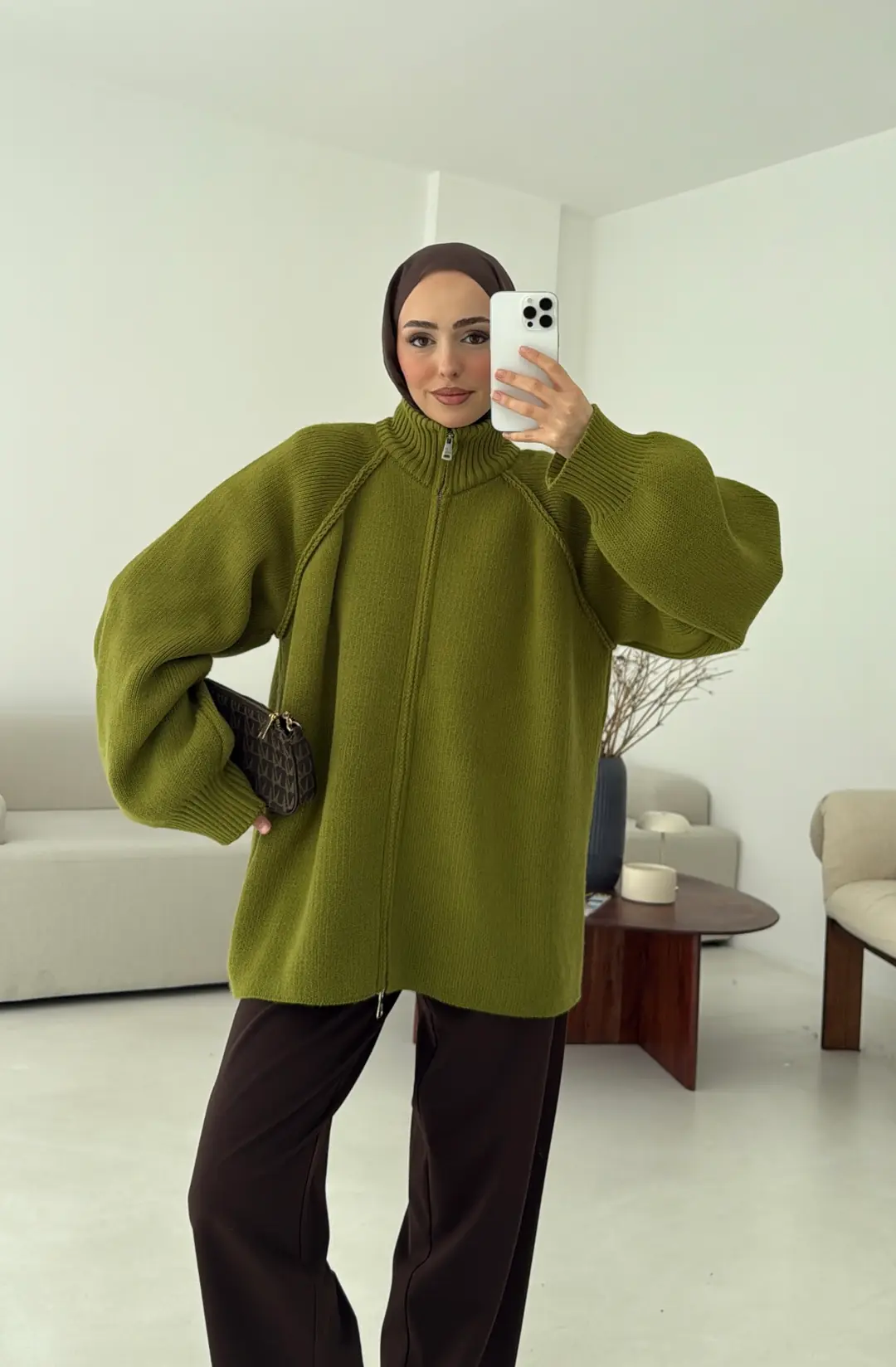 Çift Fermuarlı Hırka Yeşil