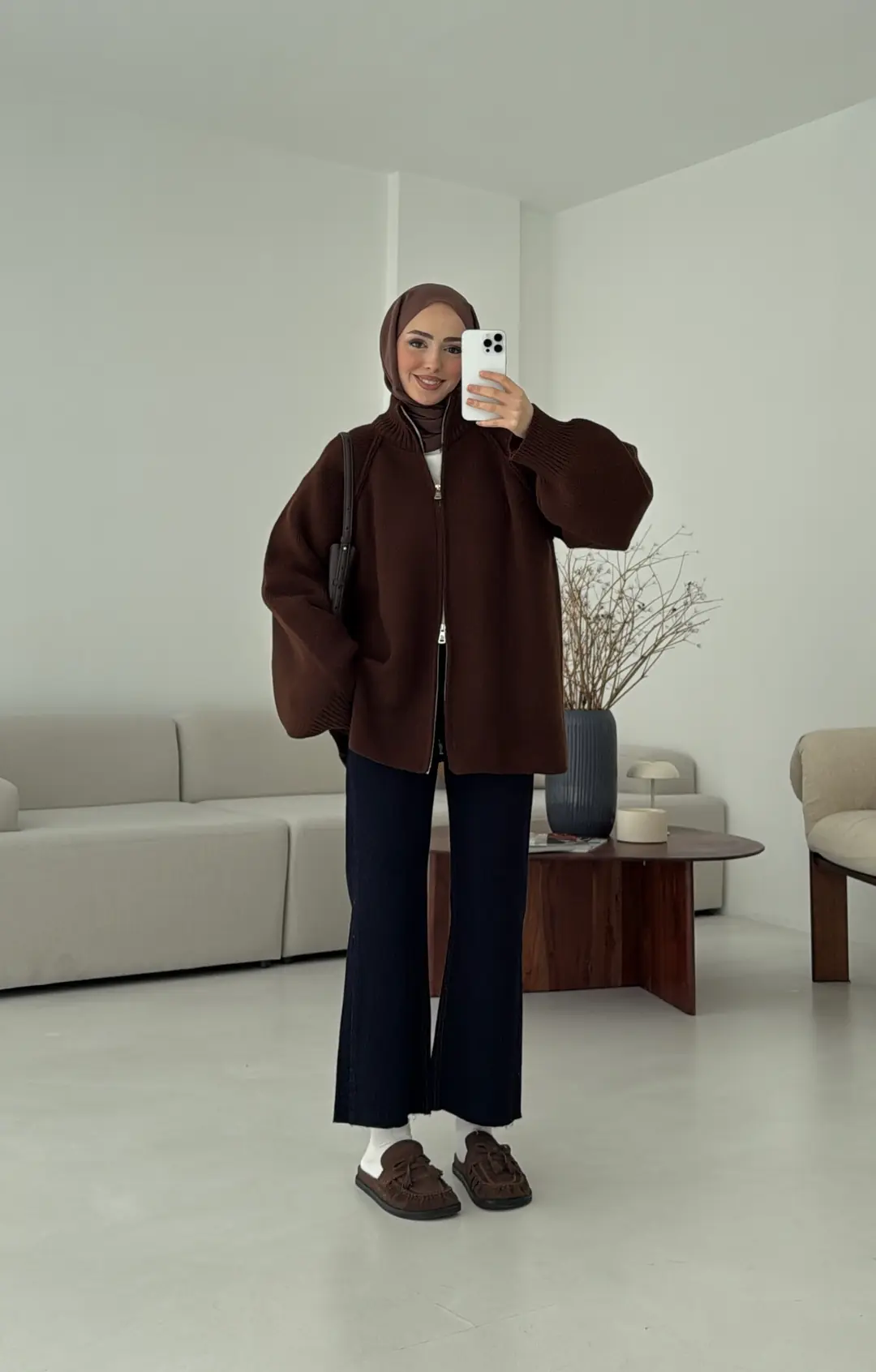 Çift Fermuarlı Hırka Kahve