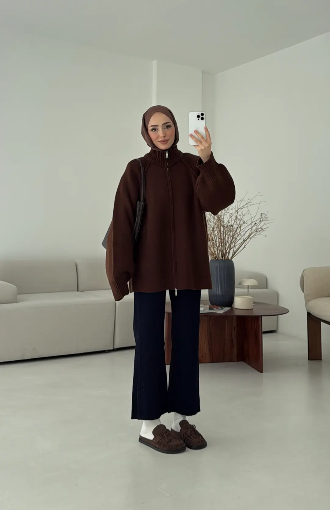 Çift Fermuarlı Hırka Kahve