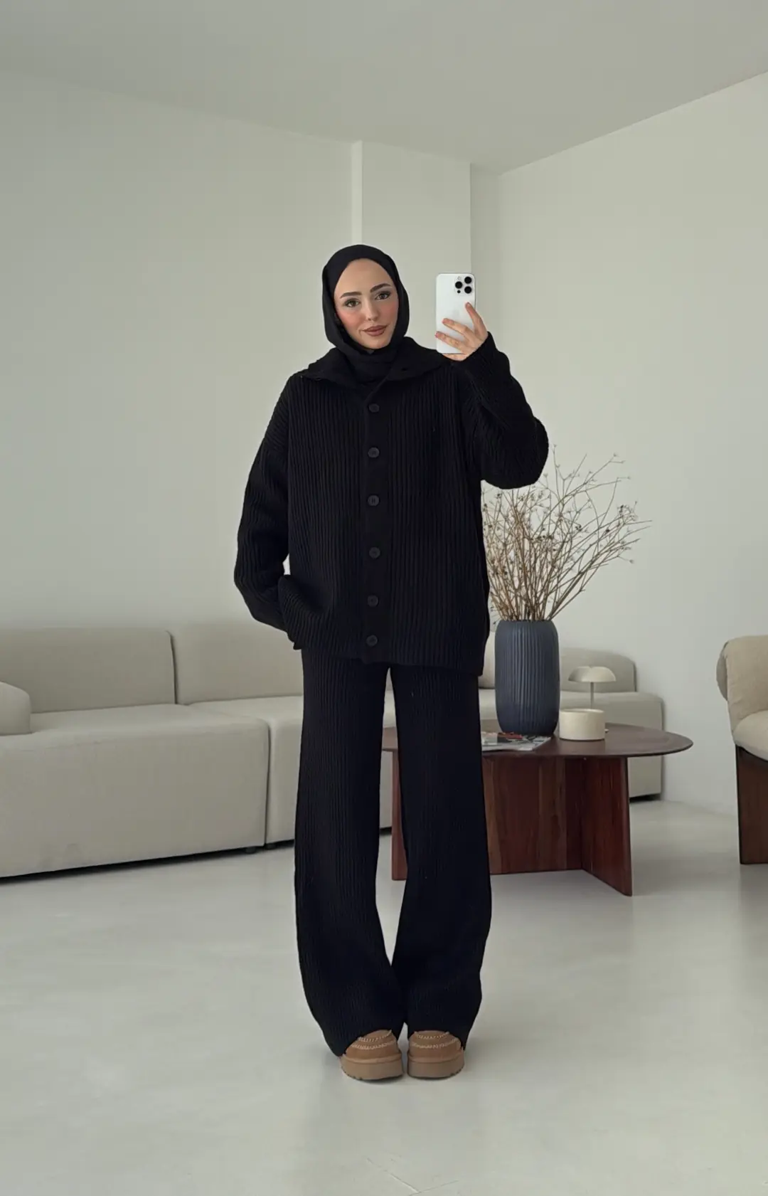 Dik Yaka Düğmeli Triko Takım Siyah