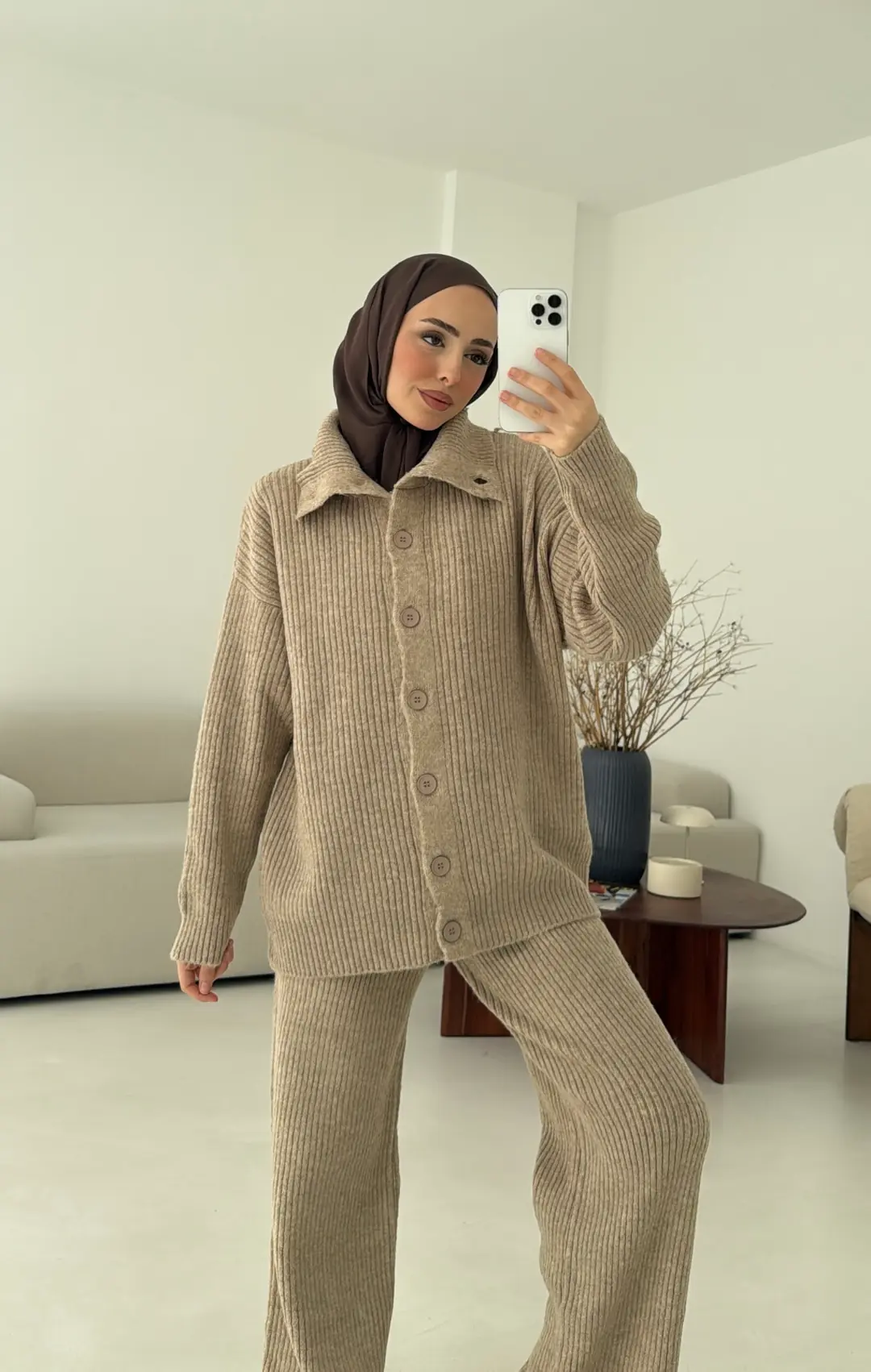 Dik Yaka Düğmeli Triko Takım Bej
