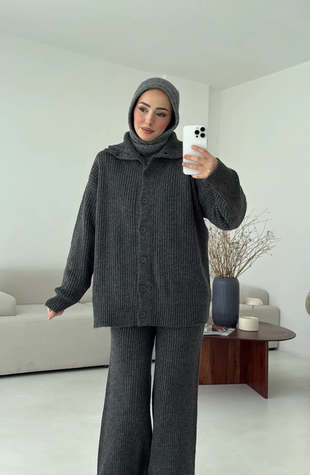 Dik Yaka Düğmeli Triko Takım Antrasit
