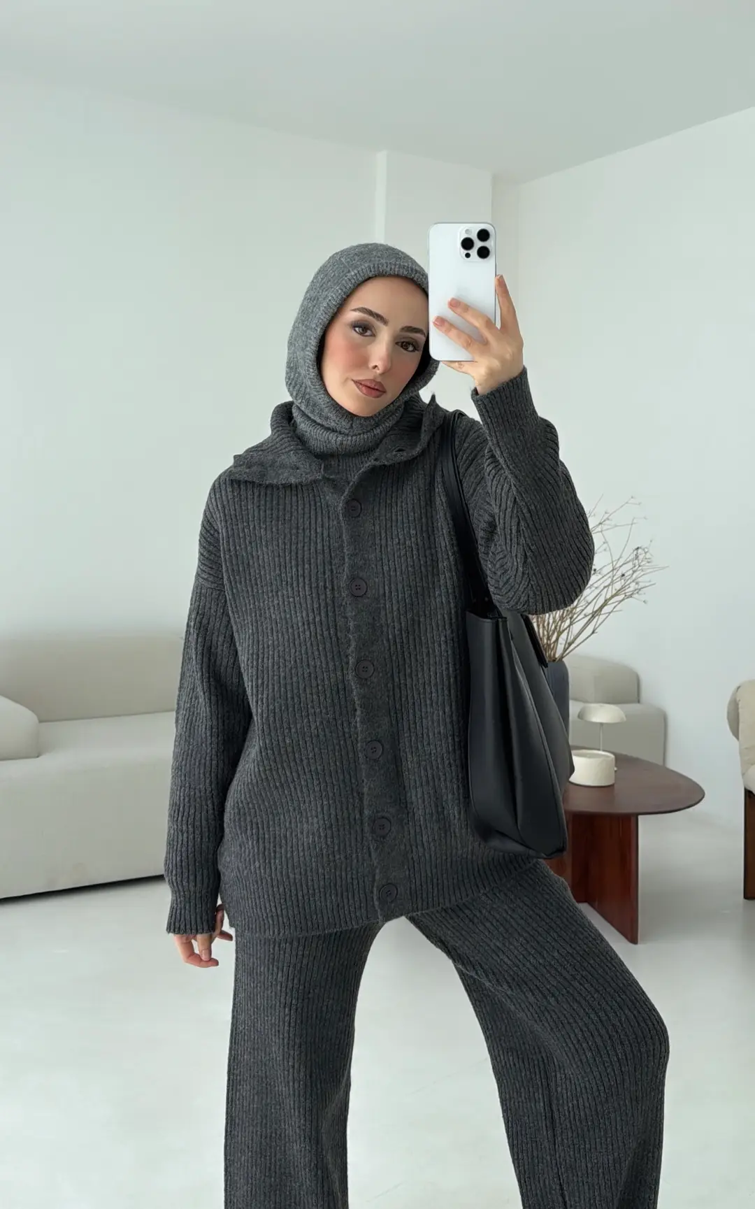 Dik Yaka Düğmeli Triko Takım Antrasit