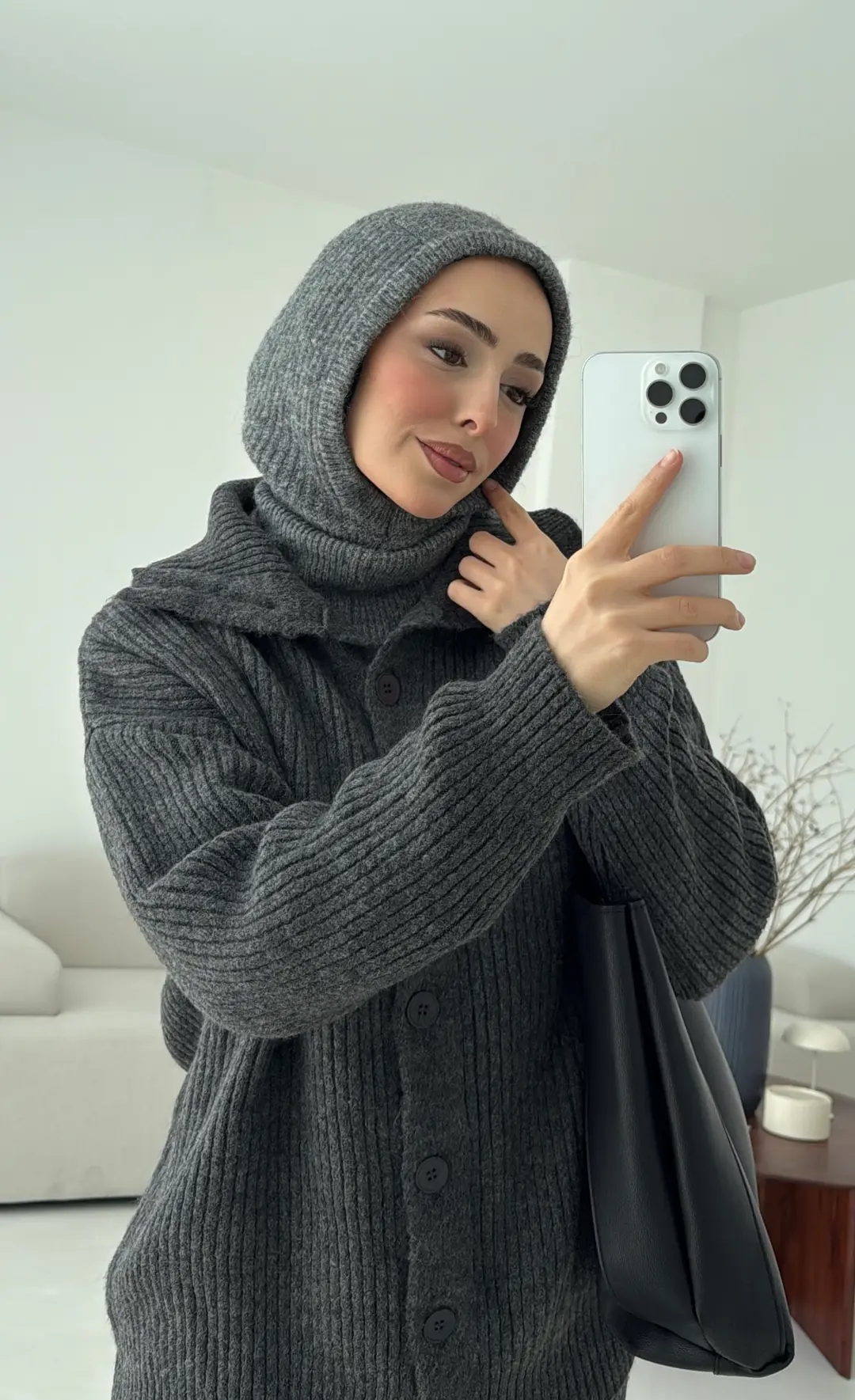 Dik Yaka Düğmeli Triko Takım Antrasit