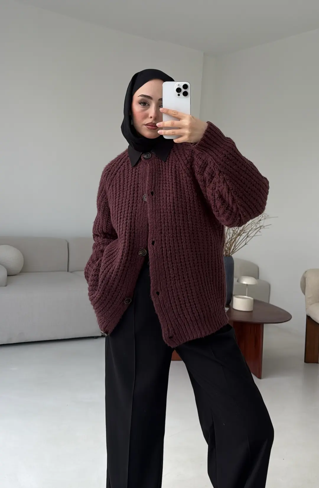 Düğmeli Bordo Hırka