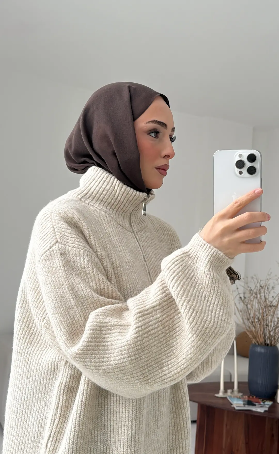 Yarım Zip Triko Kazak Bej