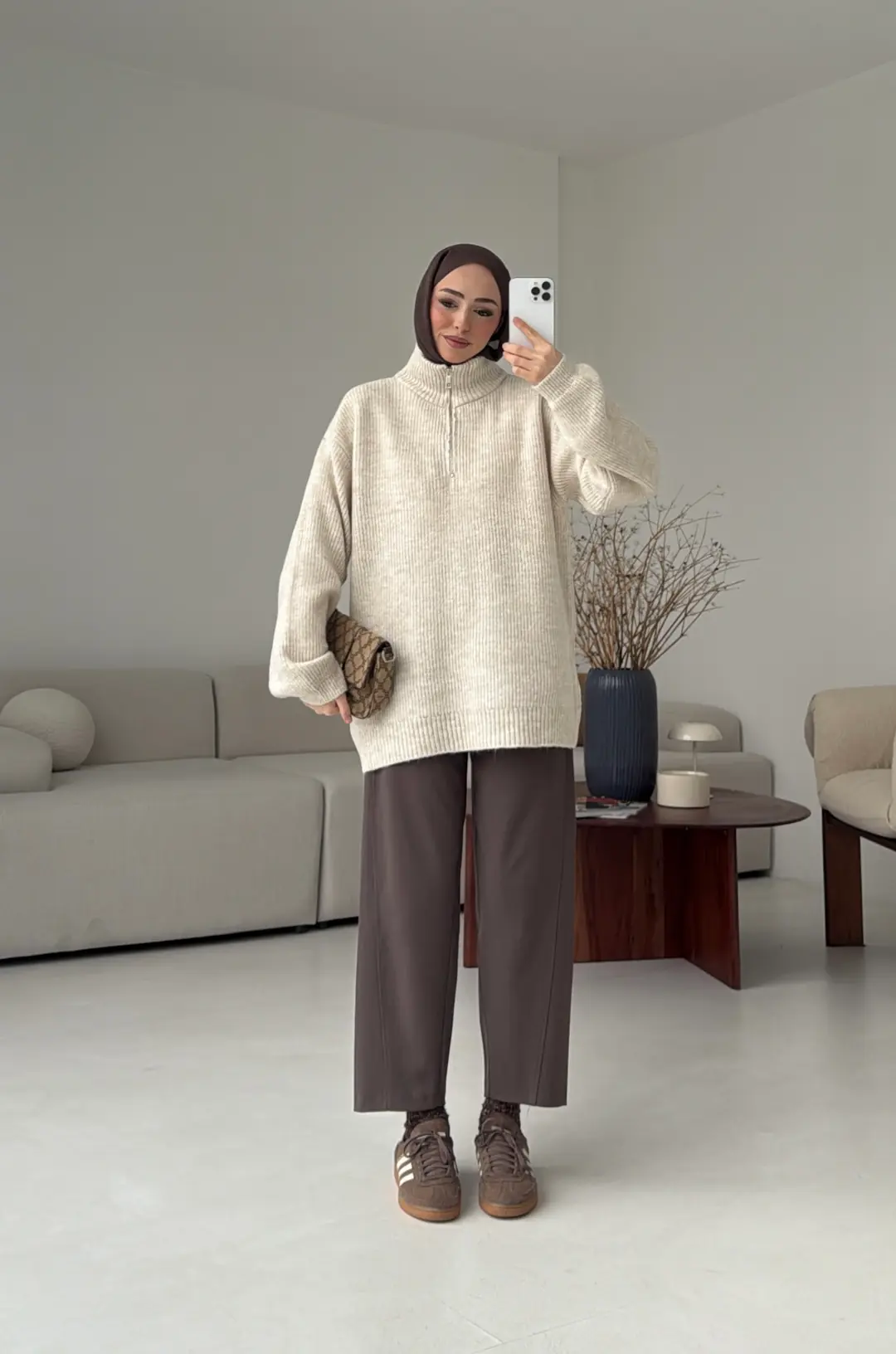 Yarım Zip Triko Kazak Bej