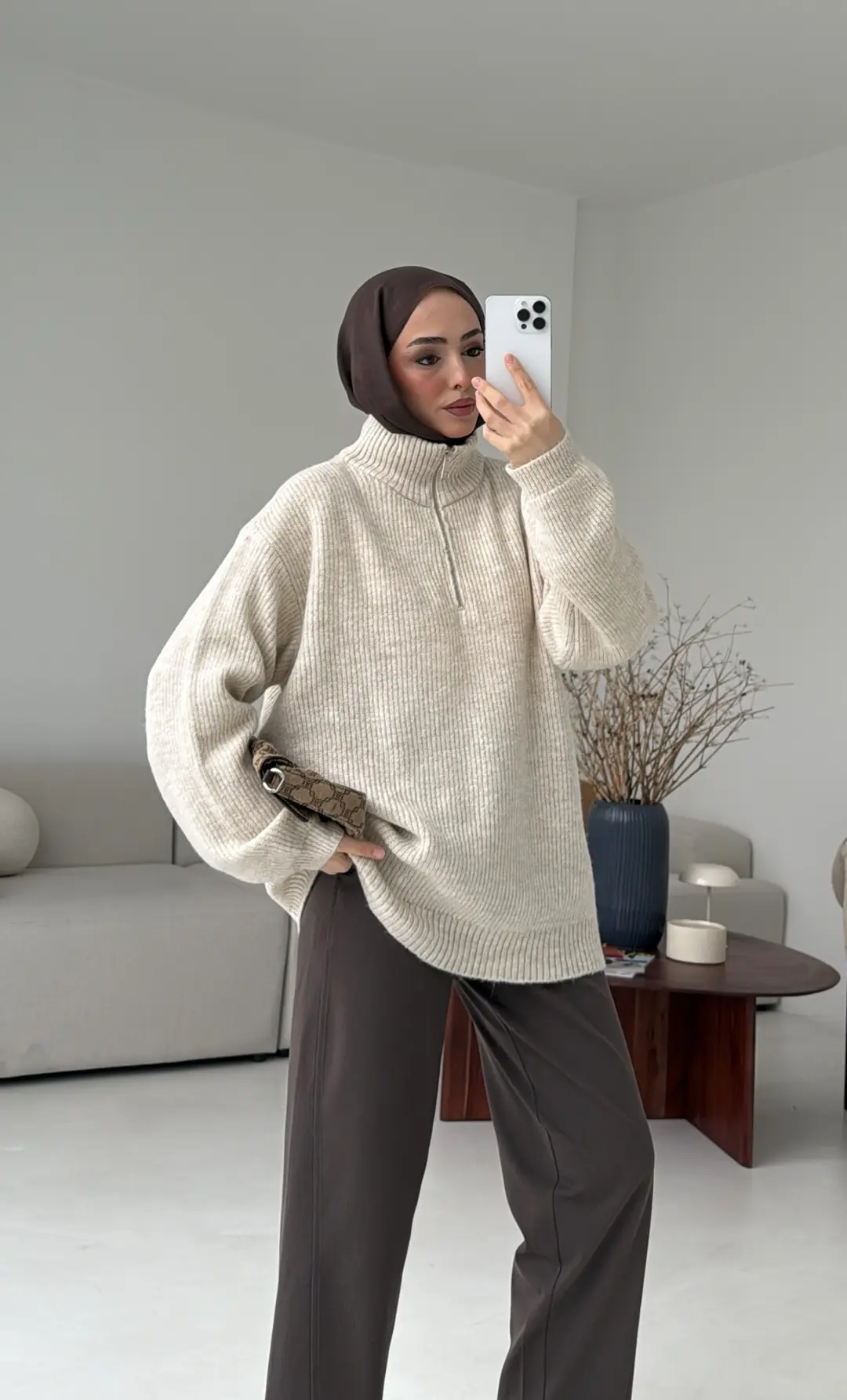 Yarım Zip Triko Kazak Bej