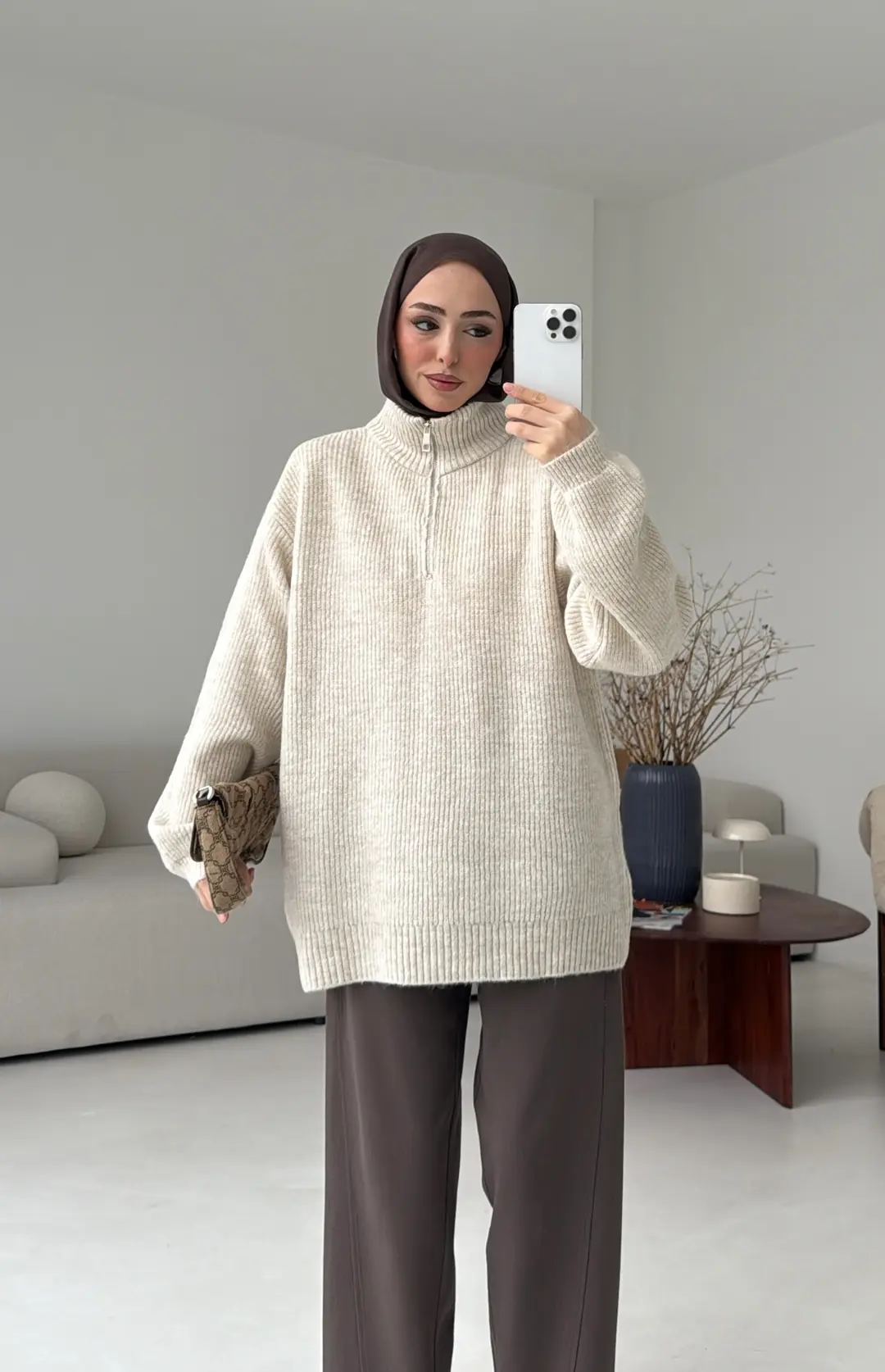 Yarım Zip Triko Kazak Bej