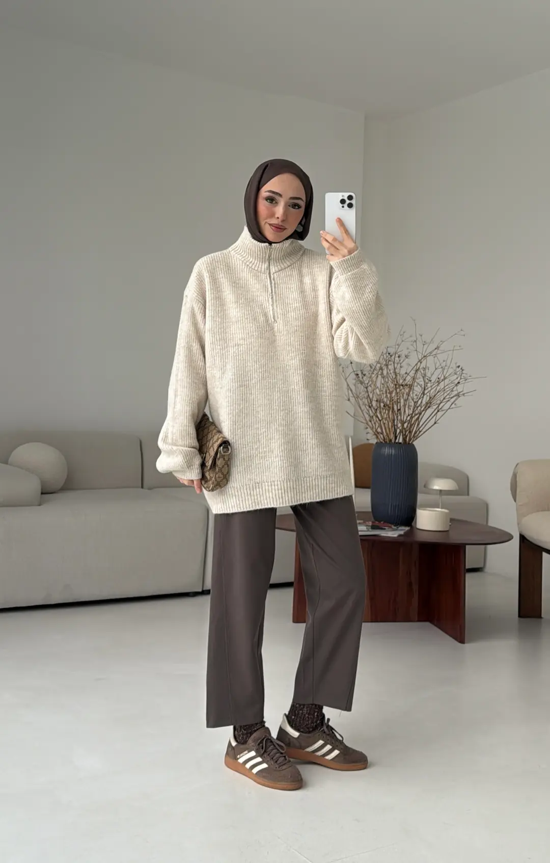 Yarım Zip Triko Kazak Bej