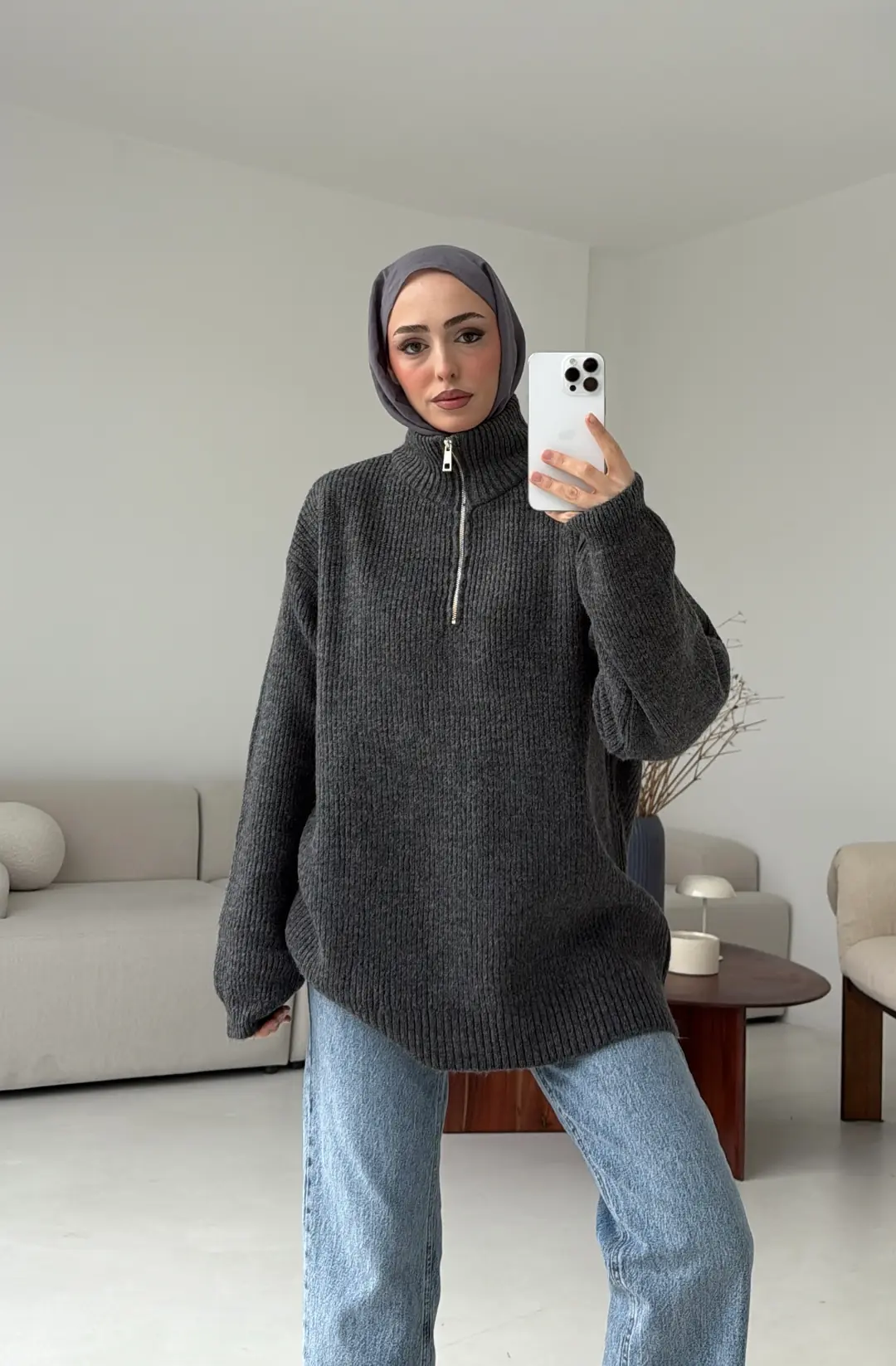 Yarım Zip Triko Kazak Antrasit