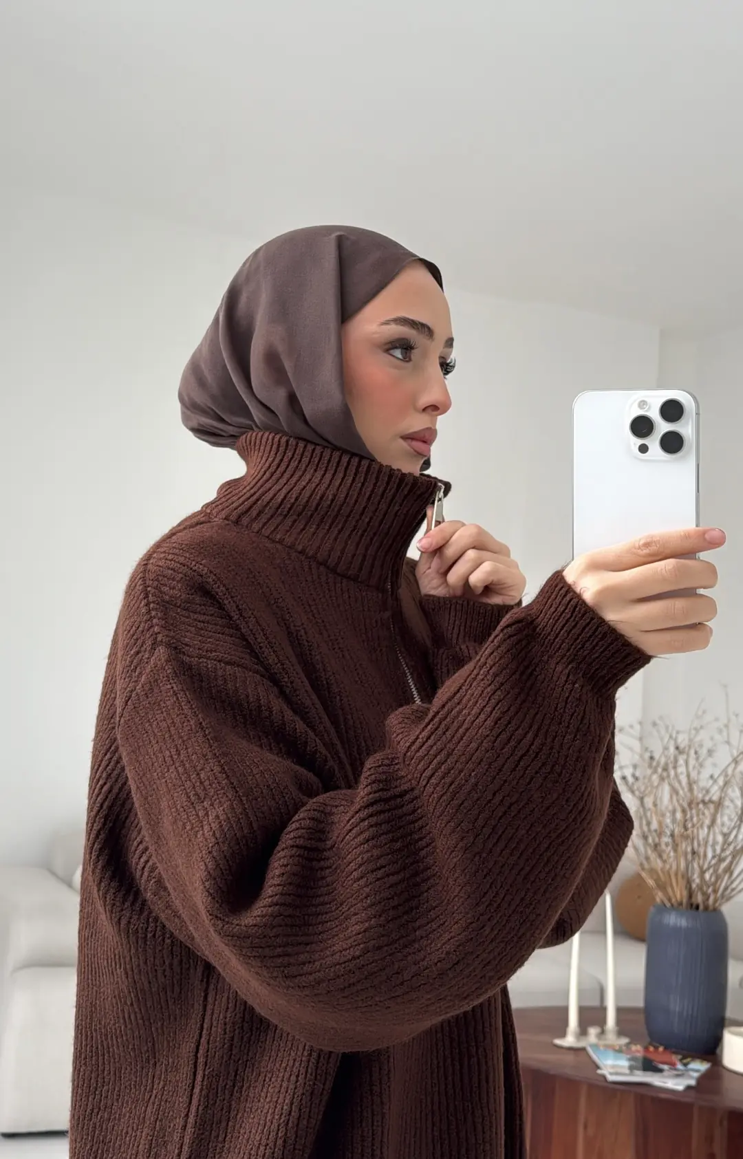 Yarım Zip Triko Kazak Kahve