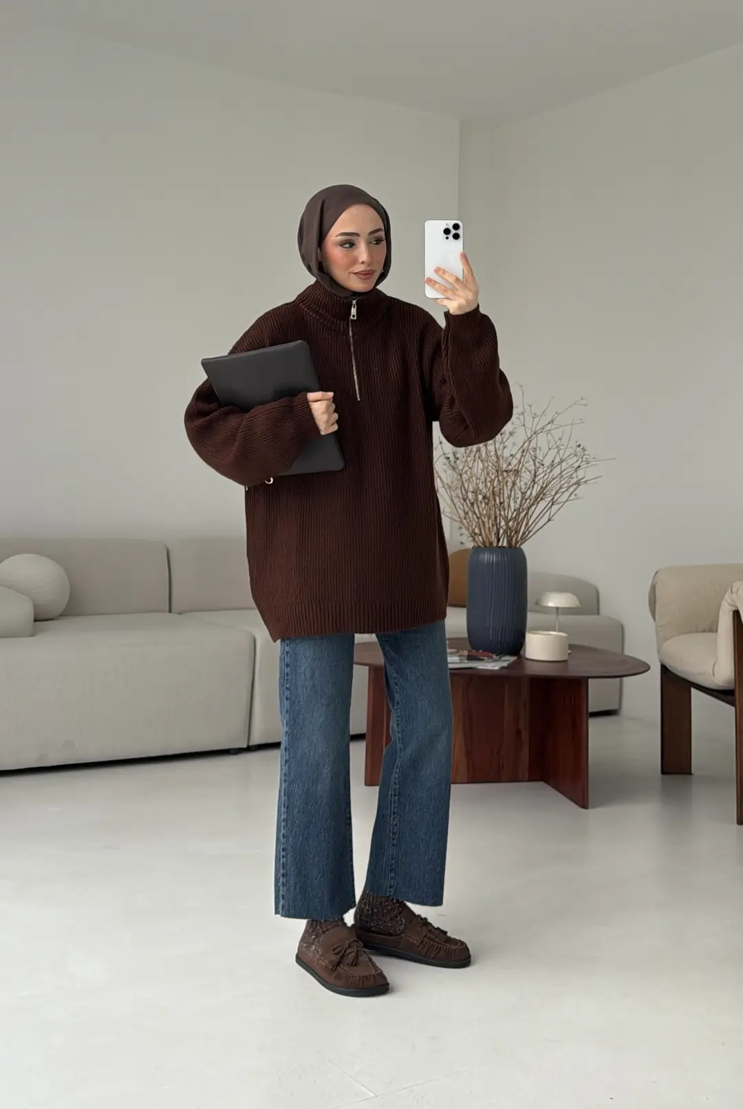 Yarım Zip Triko Kazak Kahve