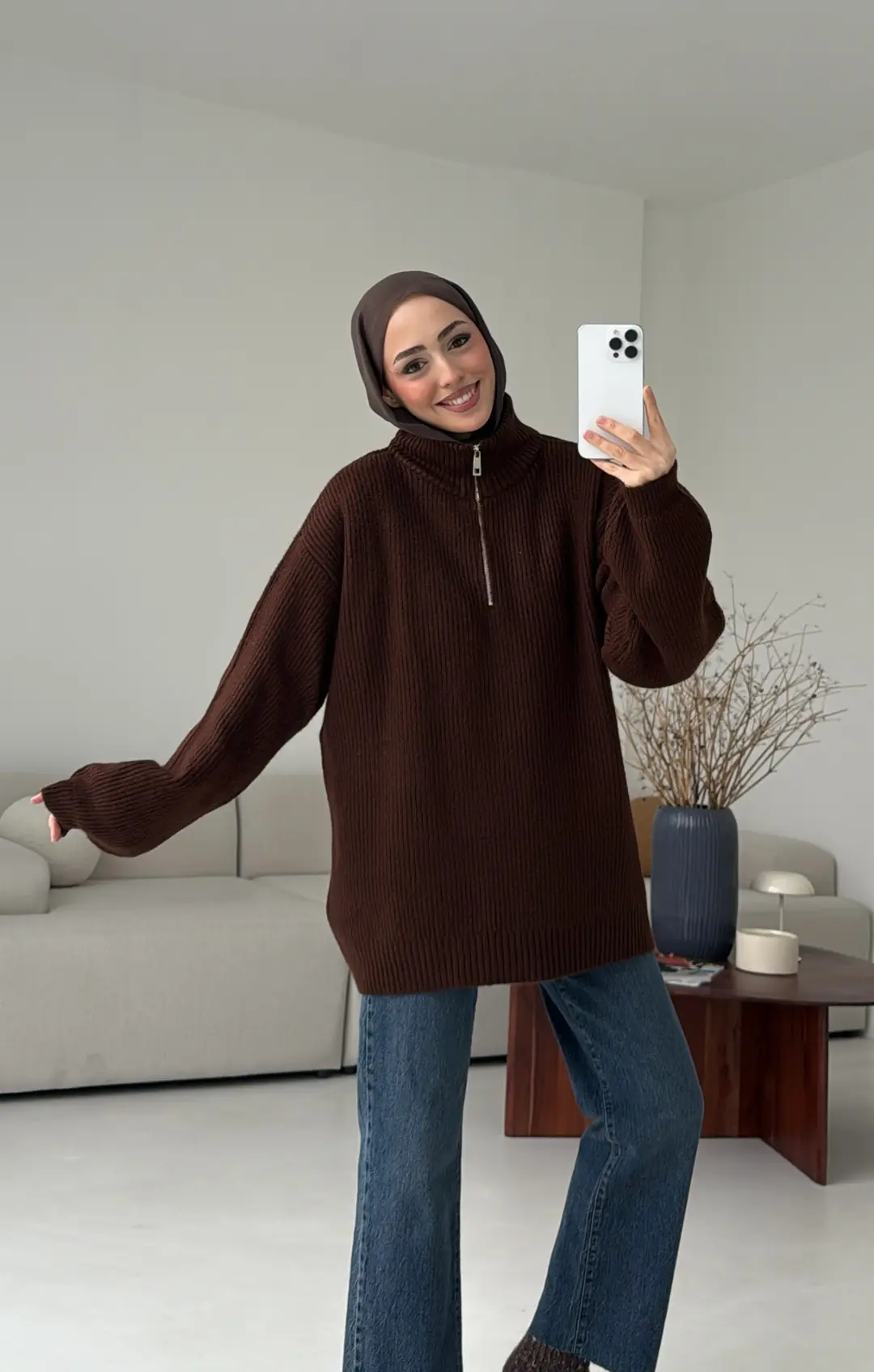 Yarım Zip Triko Kazak Kahve